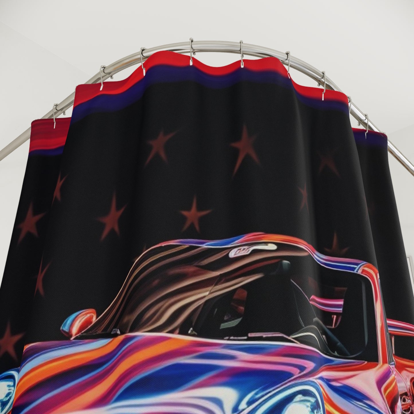 Polyester Shower Curtain American Flag Colored Porsche 3