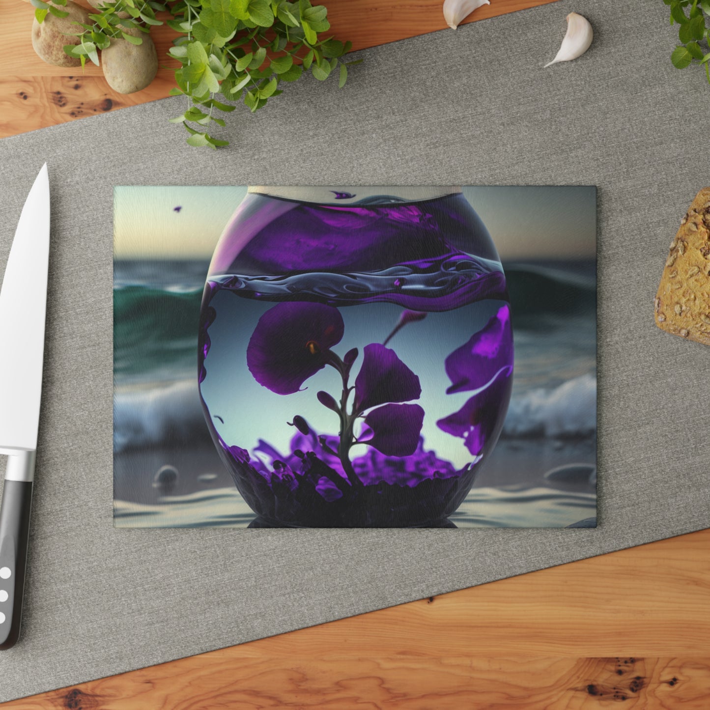 Glass Cutting Board Purple Sweet pea in a vase 4