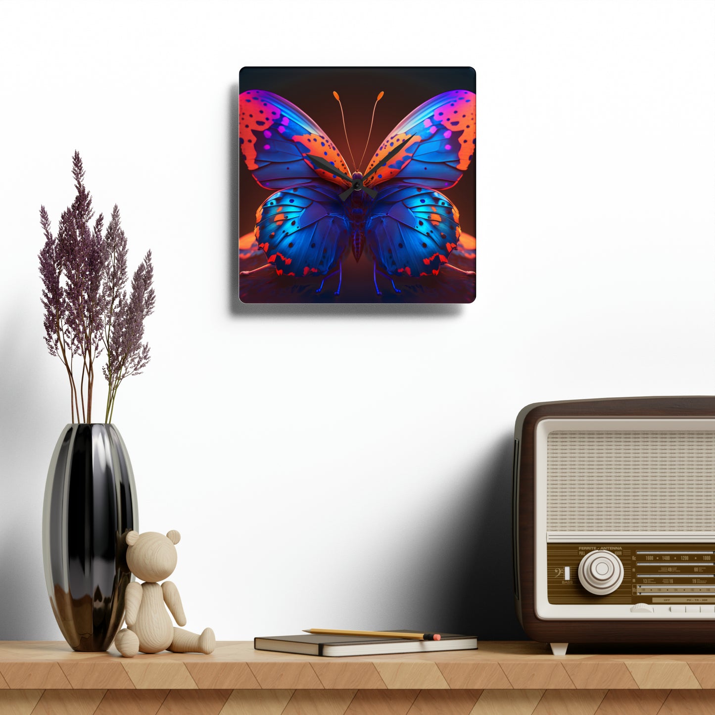 Acrylic Wall Clock Neon Butterfly Macro 3