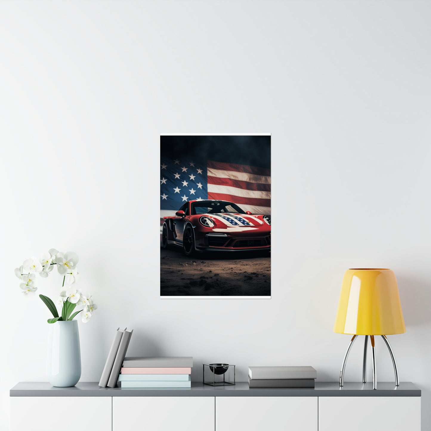 Premium Matte Vertical Posters American Flag Background Porsche 3