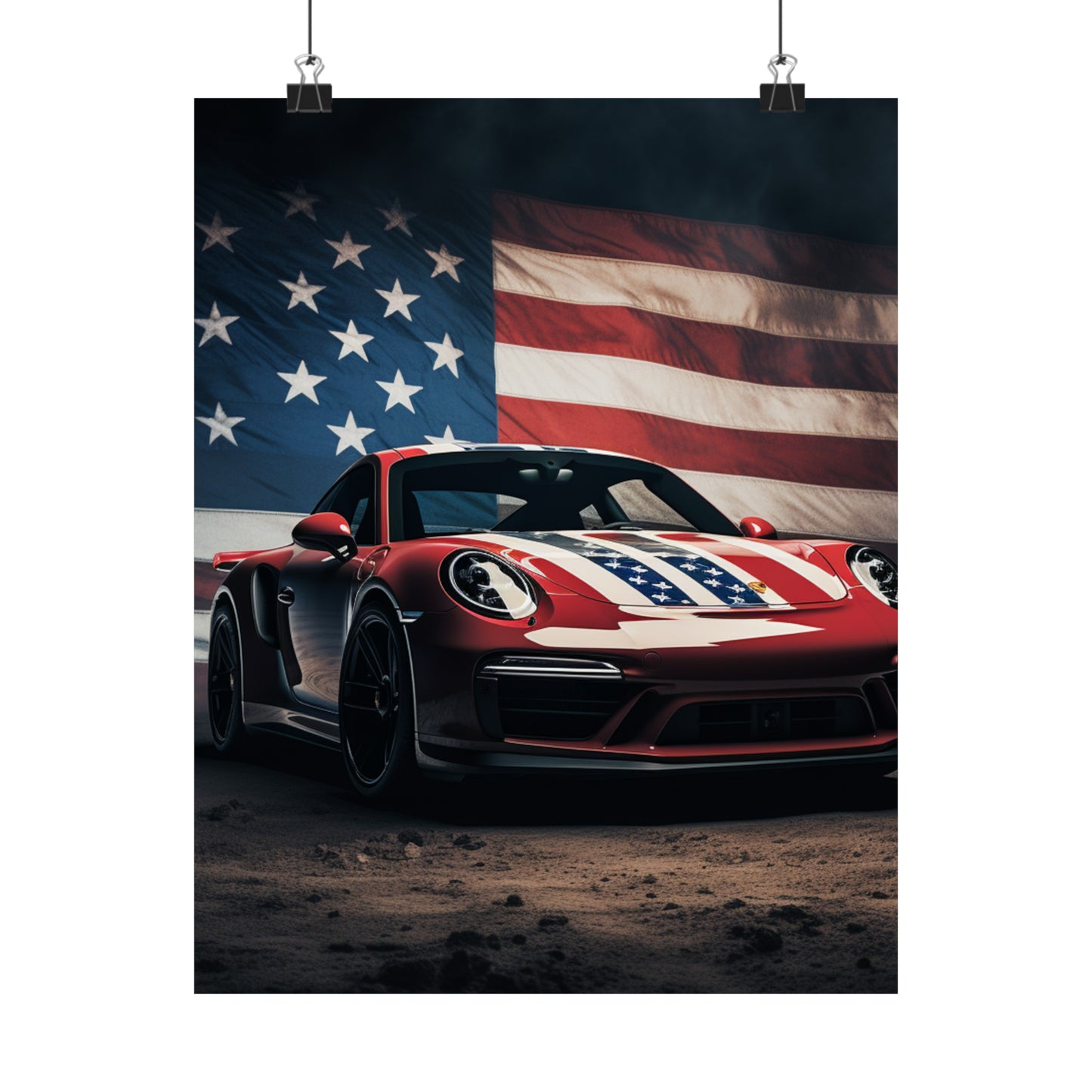 Premium Matte Vertical Posters American Flag Background Porsche 3