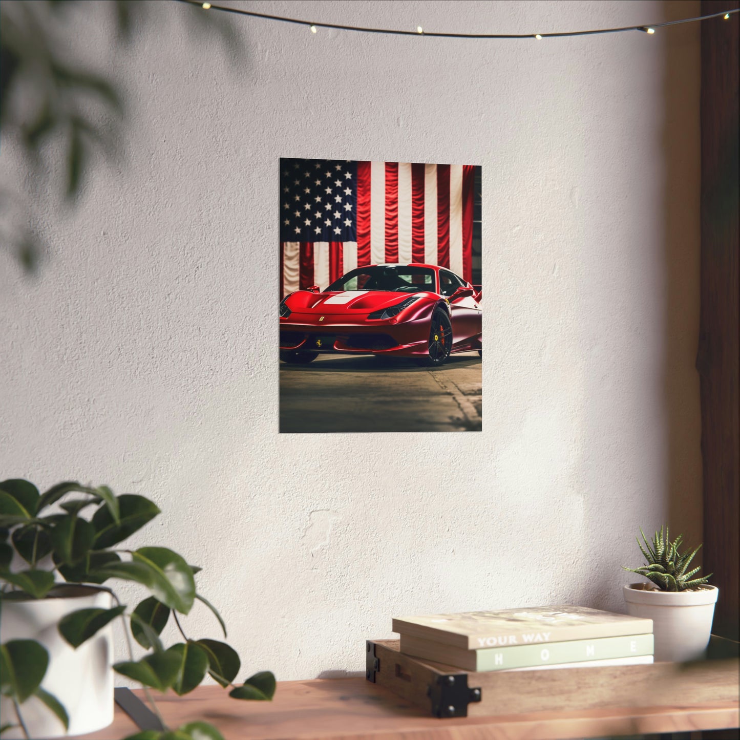 Premium Matte Vertical Posters American Flag Background Ferrari 3