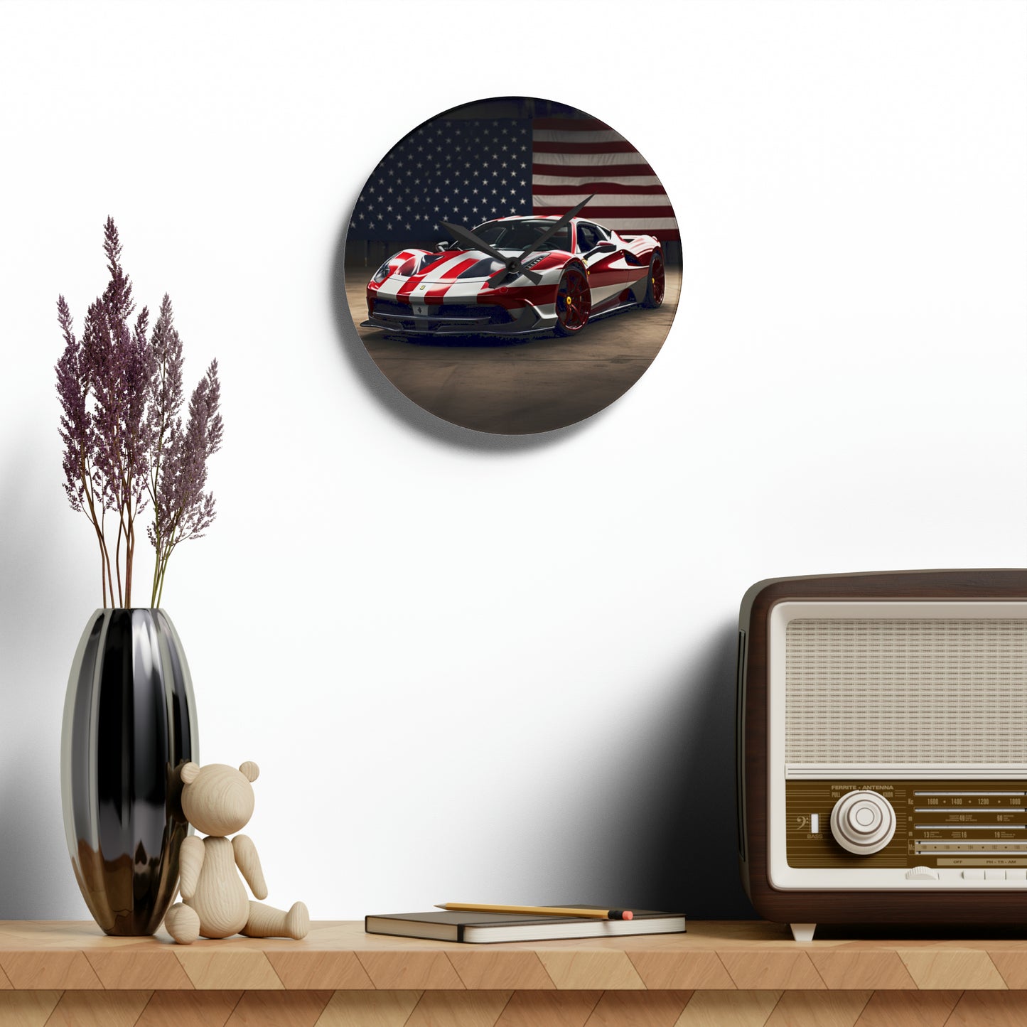 Acrylic Wall Clock American Flag Background Ferrari 2