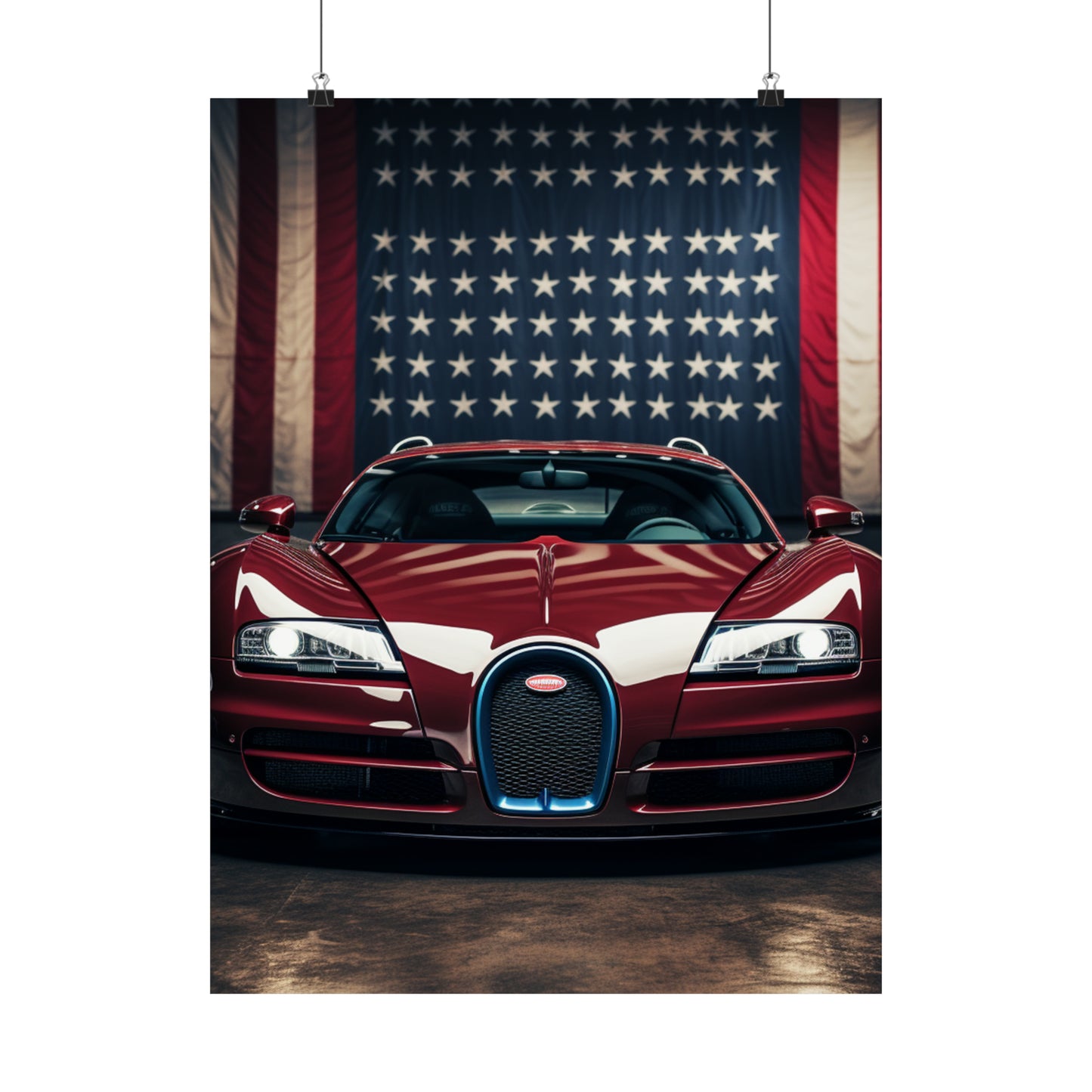 Premium Matte Vertical Posters American Flag Background Bugatti 1