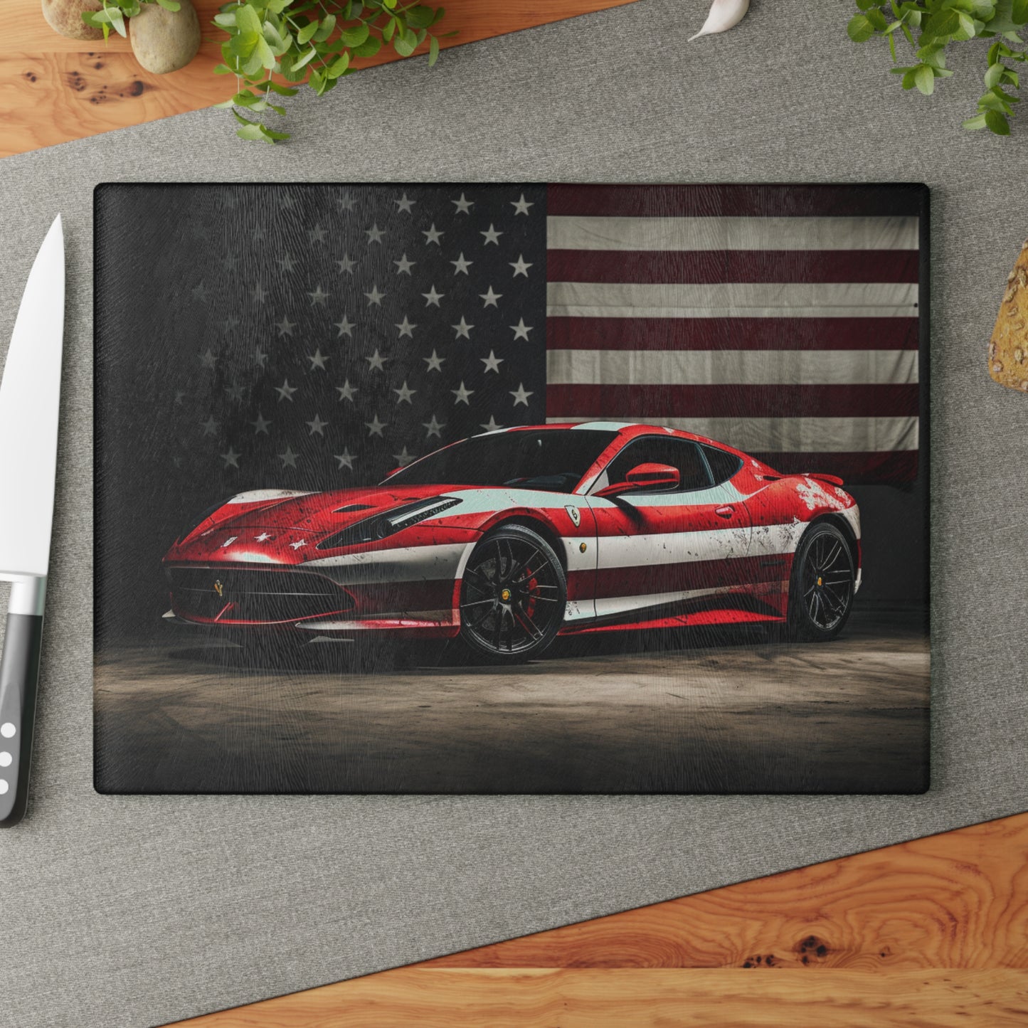 Glass Cutting Board American Flag Background Ferrari 1