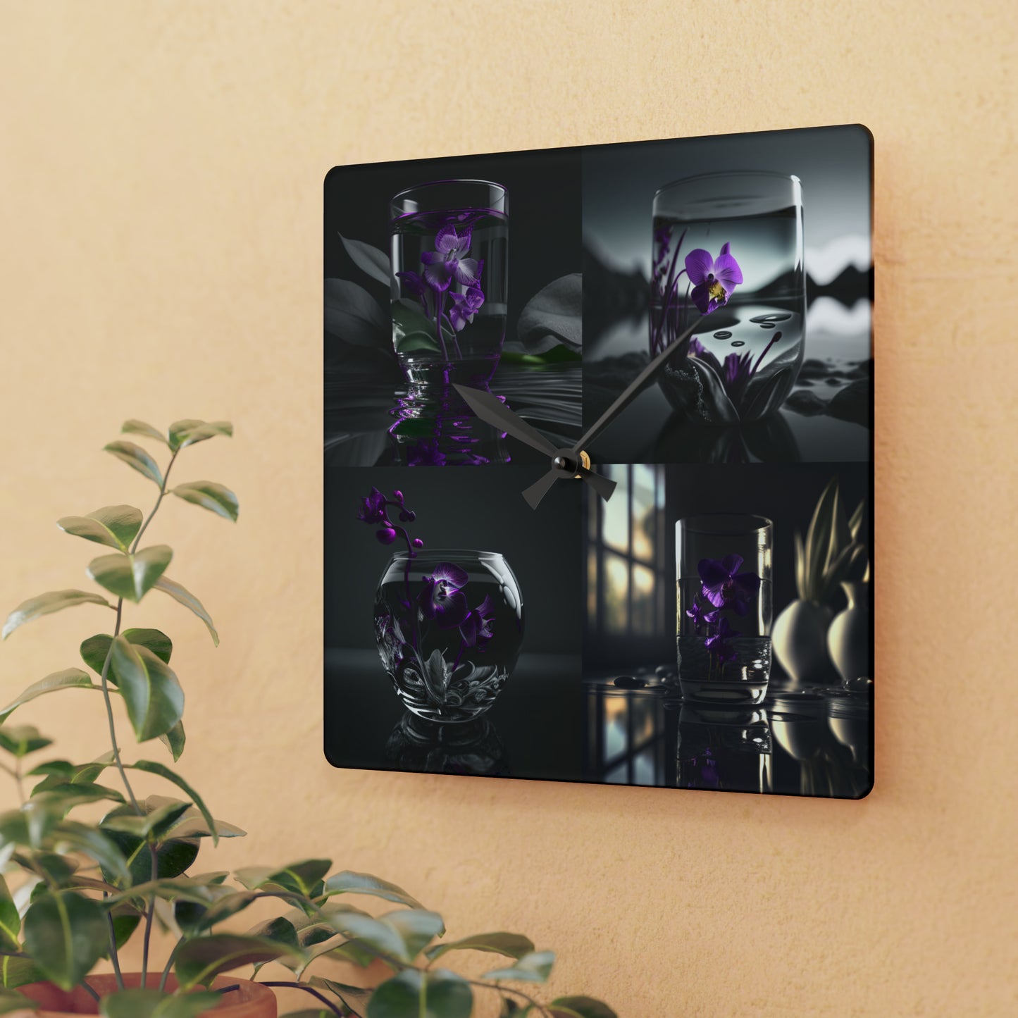 Acrylic Wall Clock Purple Orchid Glass vase 5