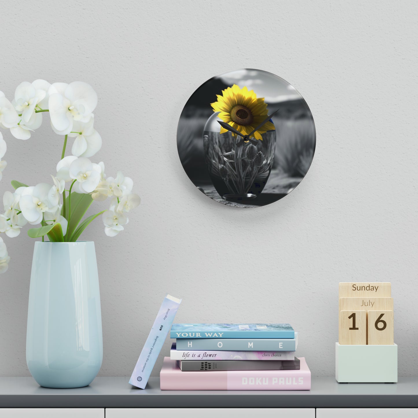 Acrylic Wall Clock Yellw Sunflower in a vase 3