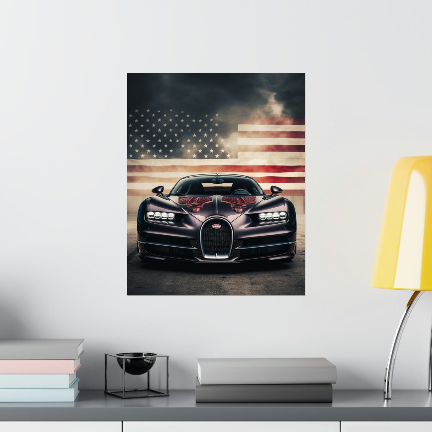 Premium Matte Vertical Posters American Flag Background Bugatti 2