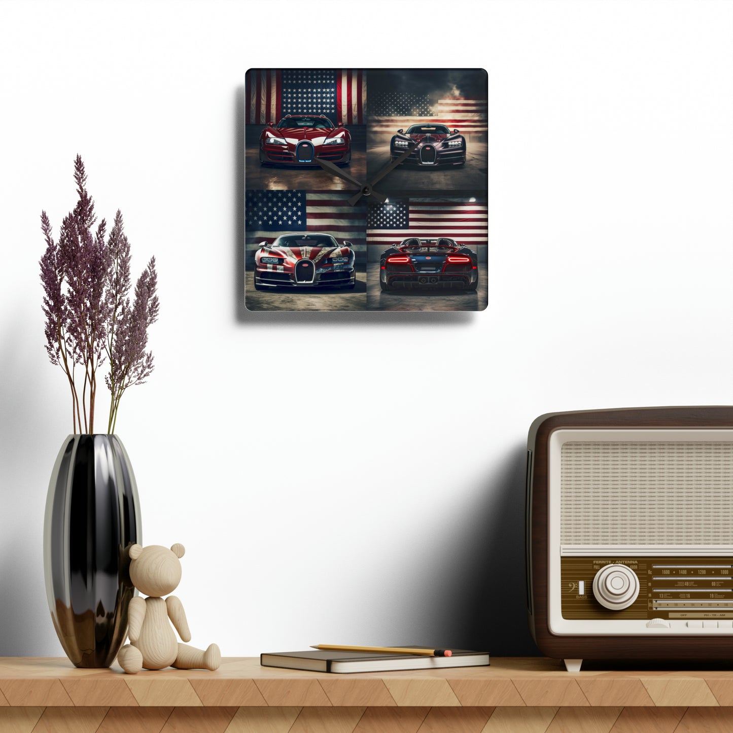 Acrylic Wall Clock American Flag Background Bugatti 5