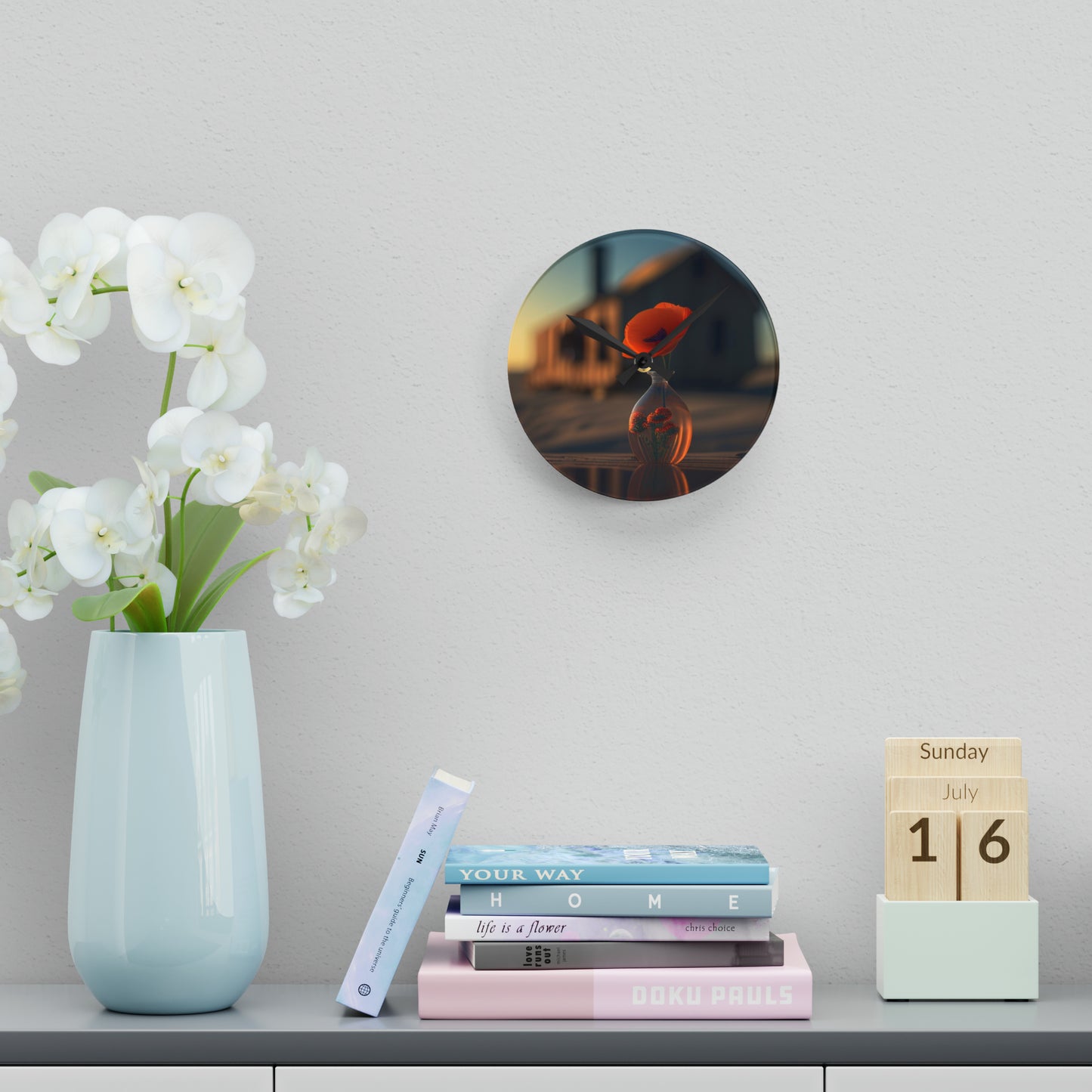 Acrylic Wall Clock Orange Poppy in a Vase 3