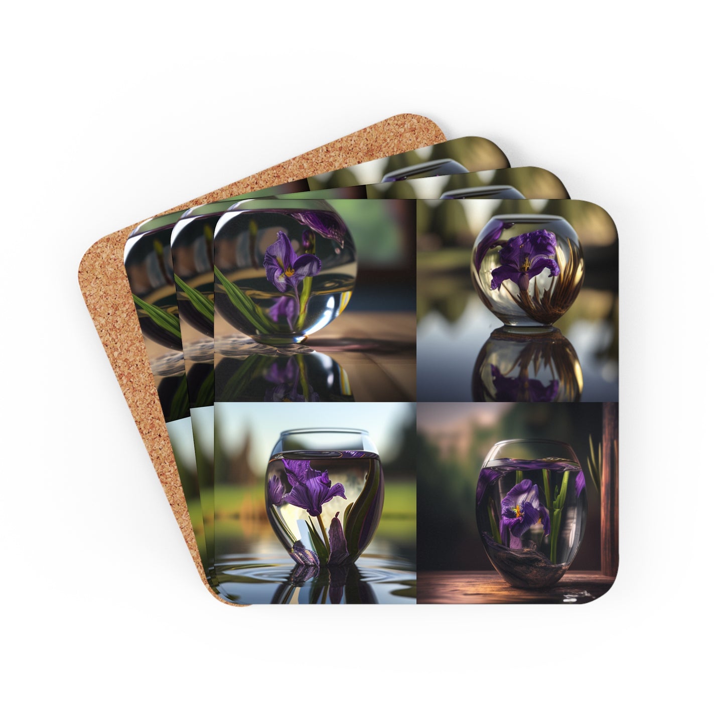 Corkwood Coaster Set Purple Iris in a vase 5