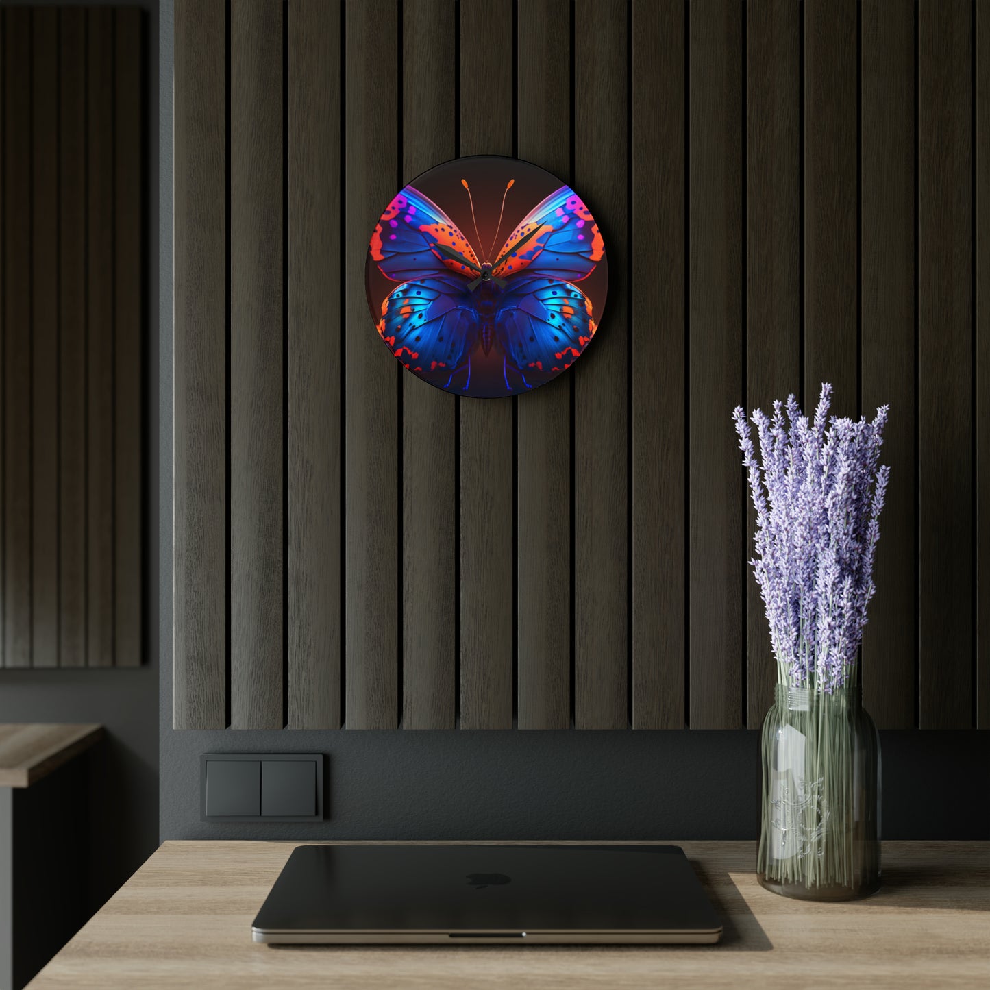 Acrylic Wall Clock Neon Butterfly Macro 3