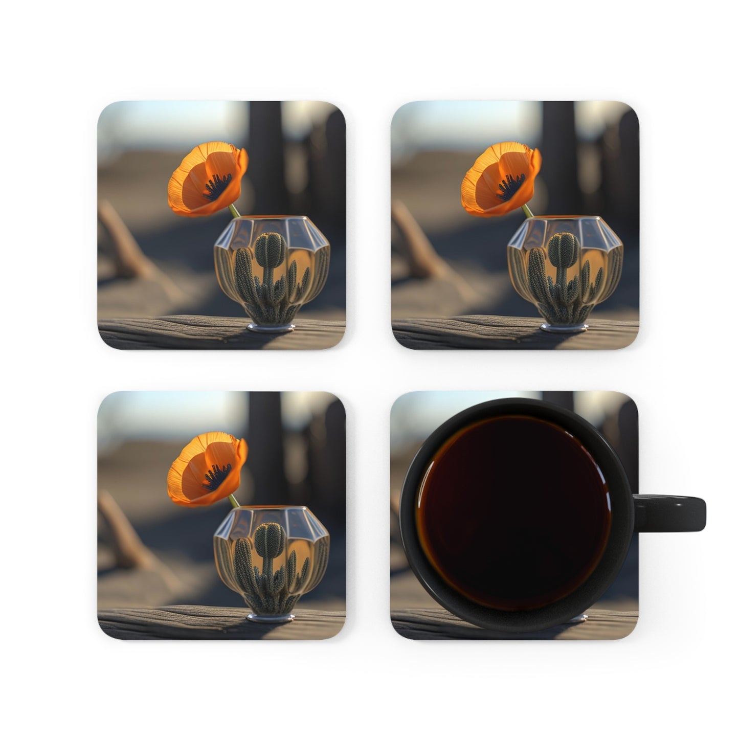 Corkwood Coaster Set Orange Poppy in a Vase 2