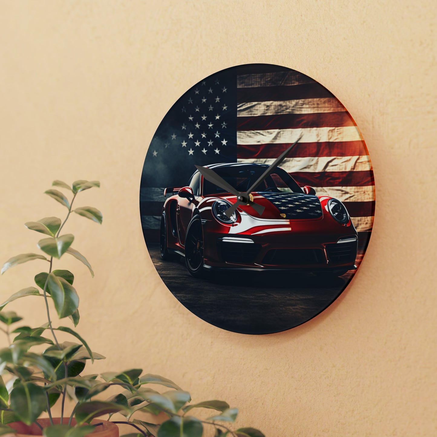 Acrylic Wall Clock American Flag Background Porsche 2