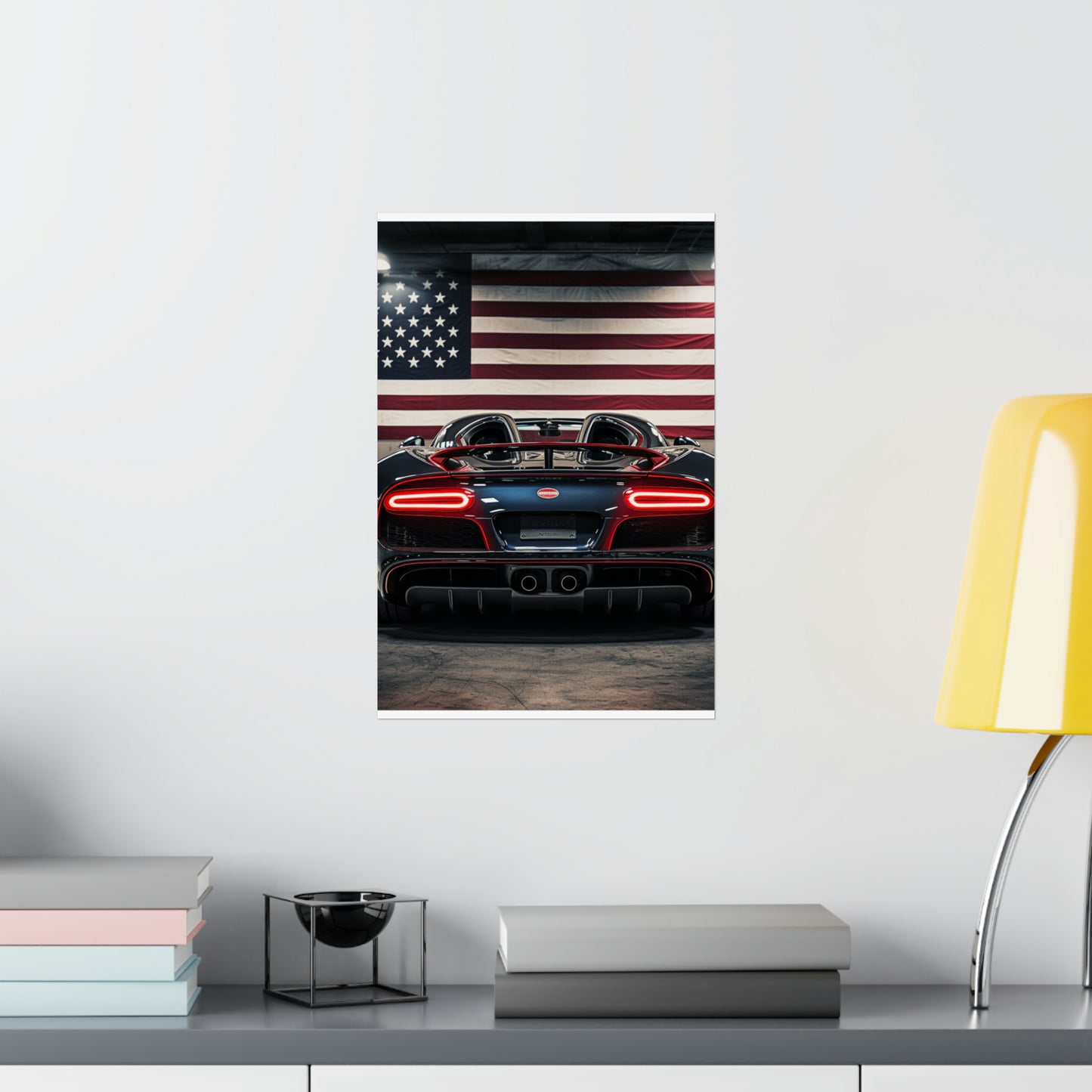 Premium Matte Vertical Posters American Flag Background Bugatti 4