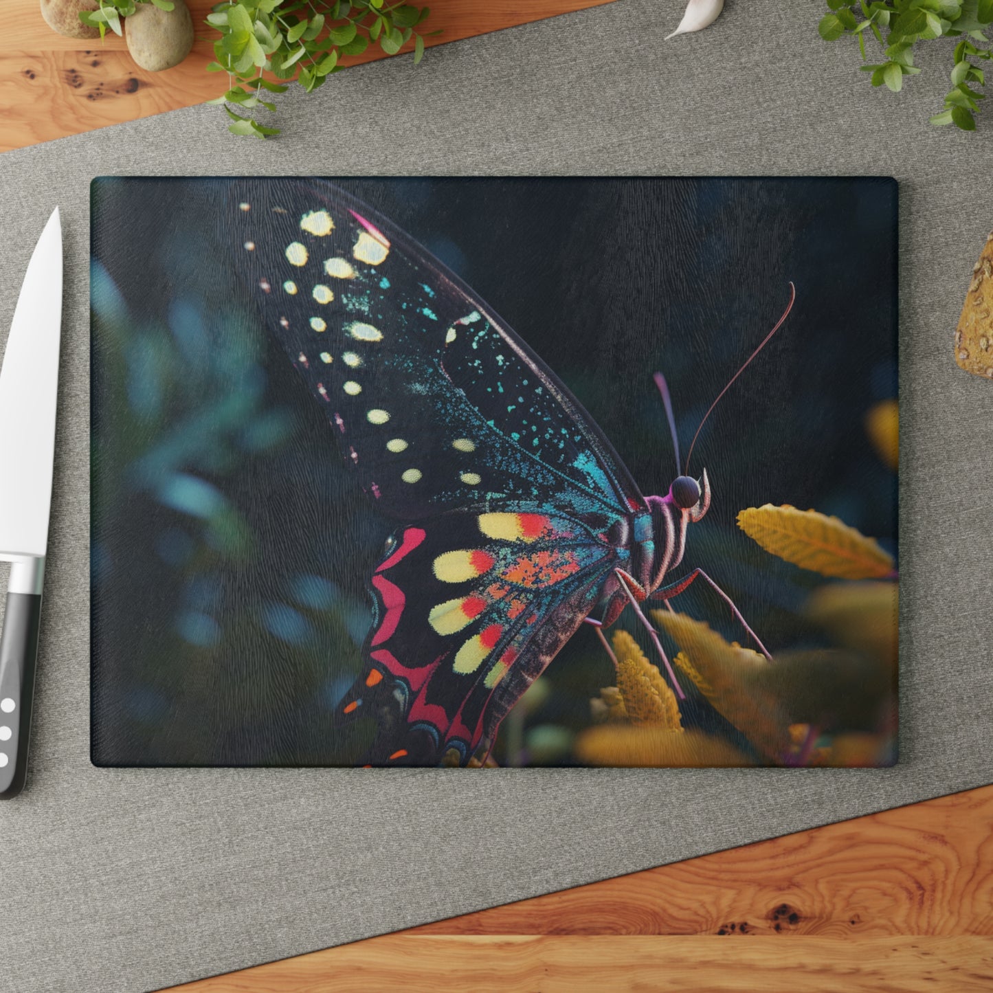 Glass Cutting Board Hyper Colorful Butterfly Macro 2