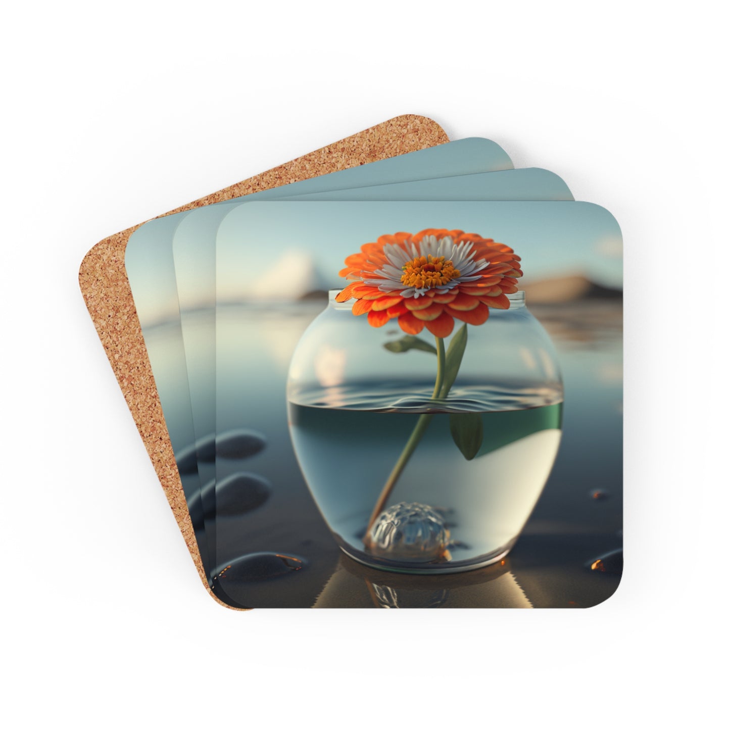 Corkwood Coaster Set Orange Zinnia 3