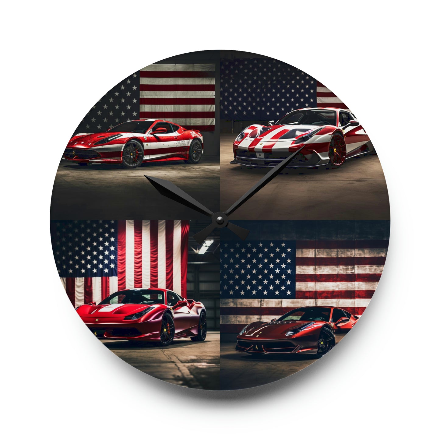 Acrylic Wall Clock American Flag Background Ferrari 5