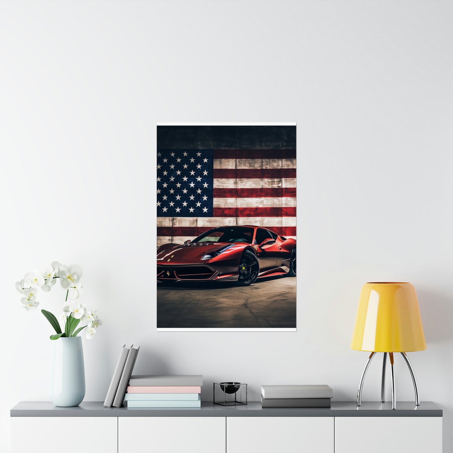 Premium Matte Vertical Posters American Flag Background Ferrari 4