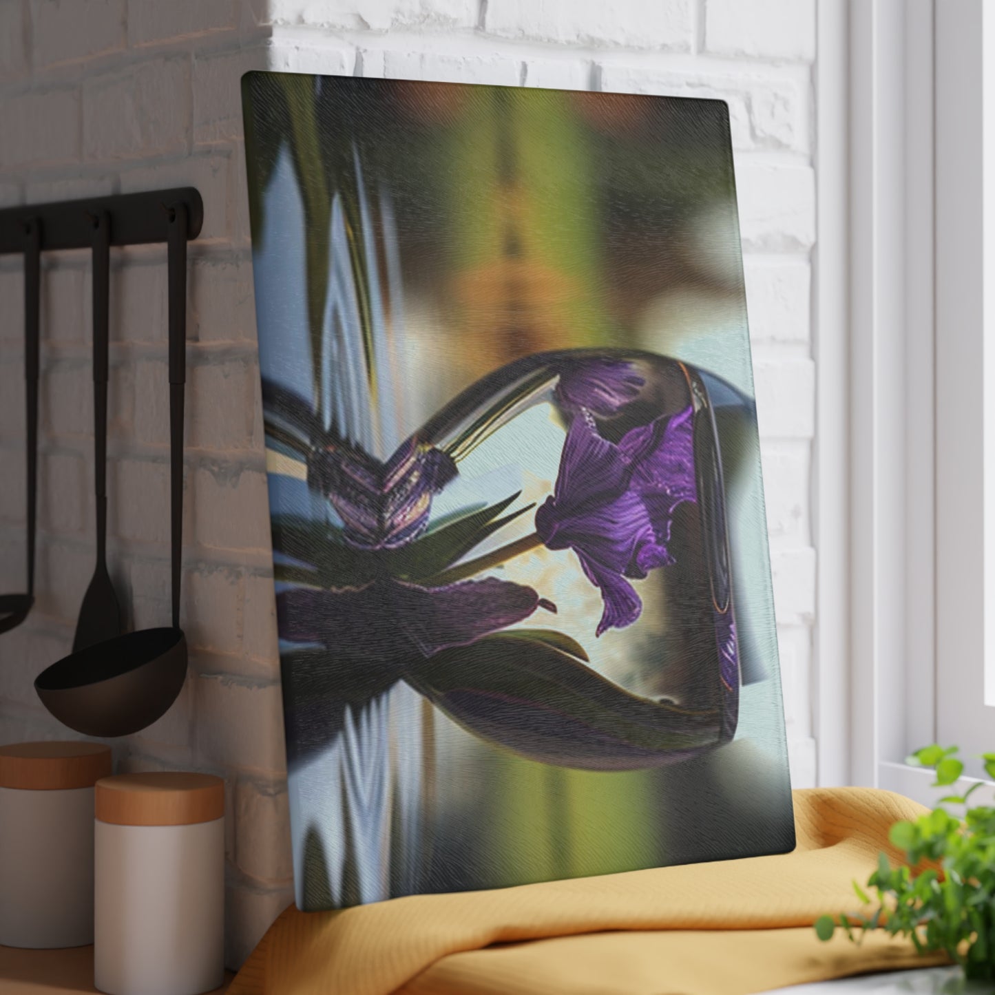 Glass Cutting Board Purple Iris in a vase 3