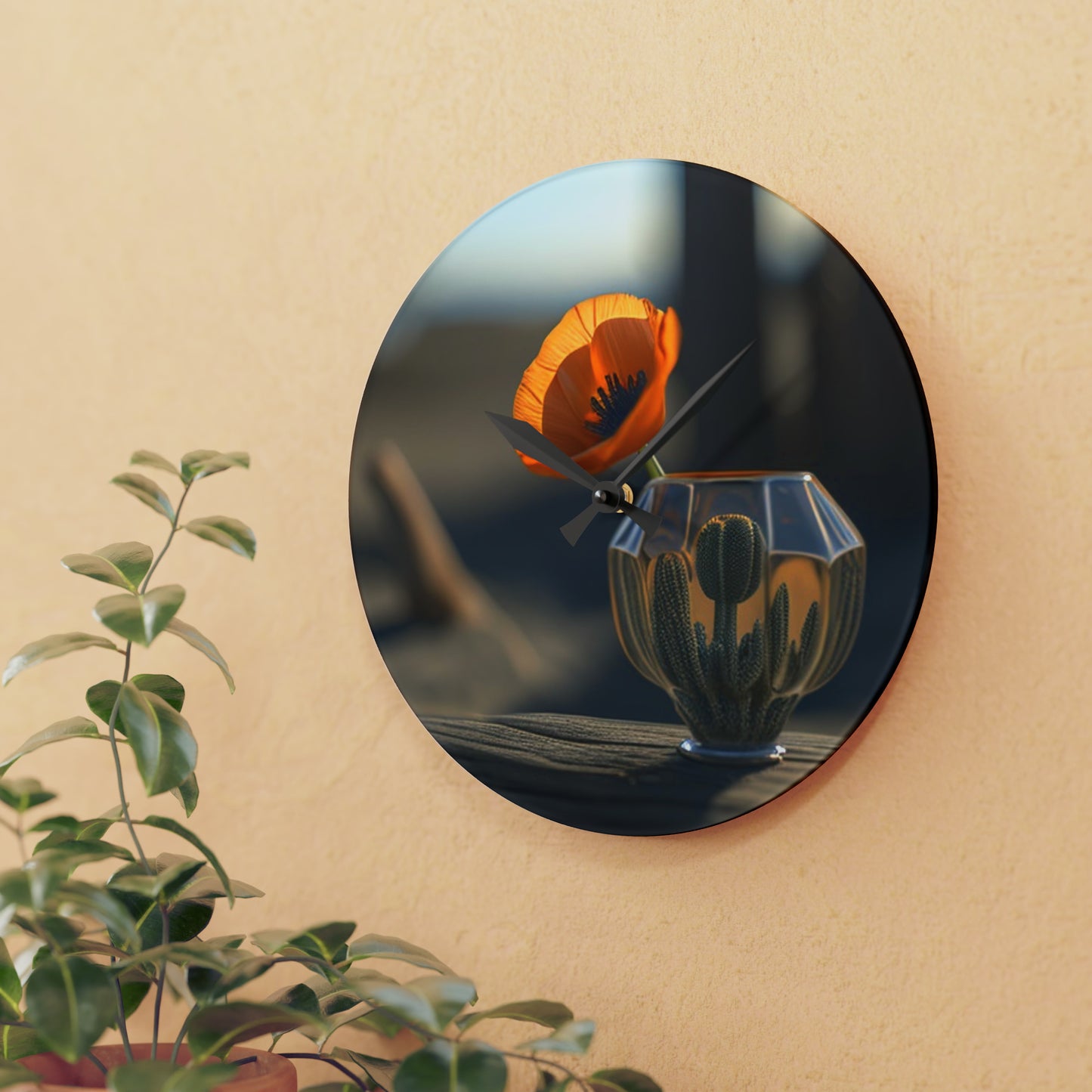 Acrylic Wall Clock Orange Poppy in a Vase 2