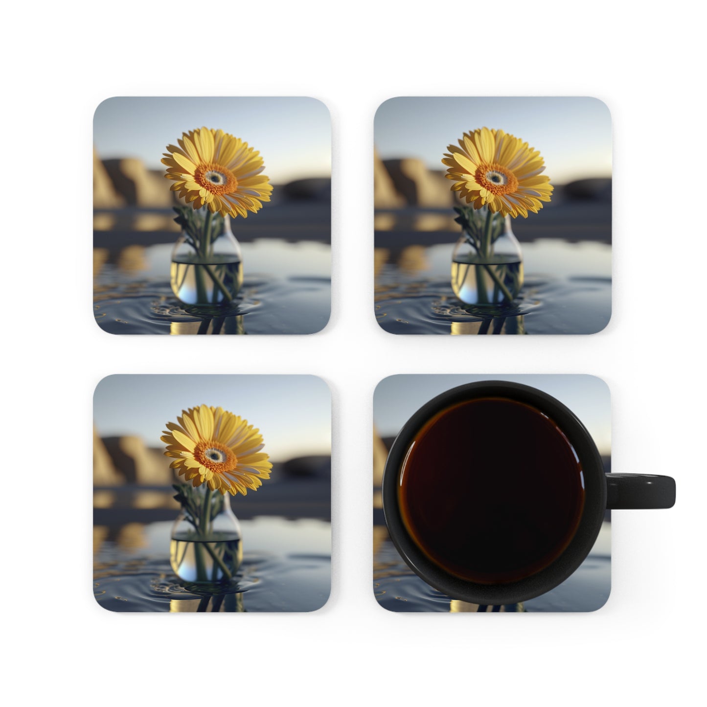 Corkwood Coaster Set yello Gerbera glass 4