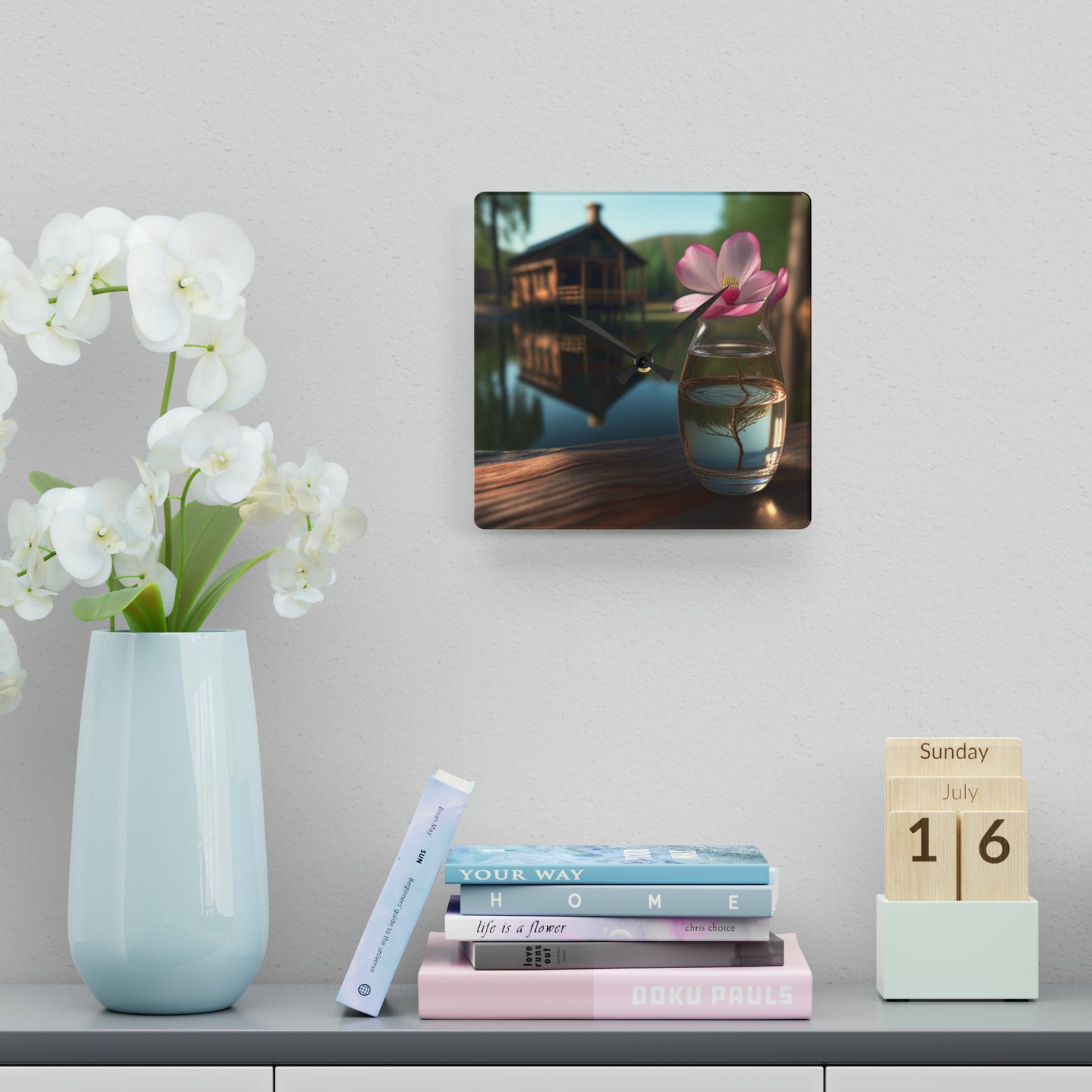 Acrylic Wall Clock Magnolia in a Glass vase 1