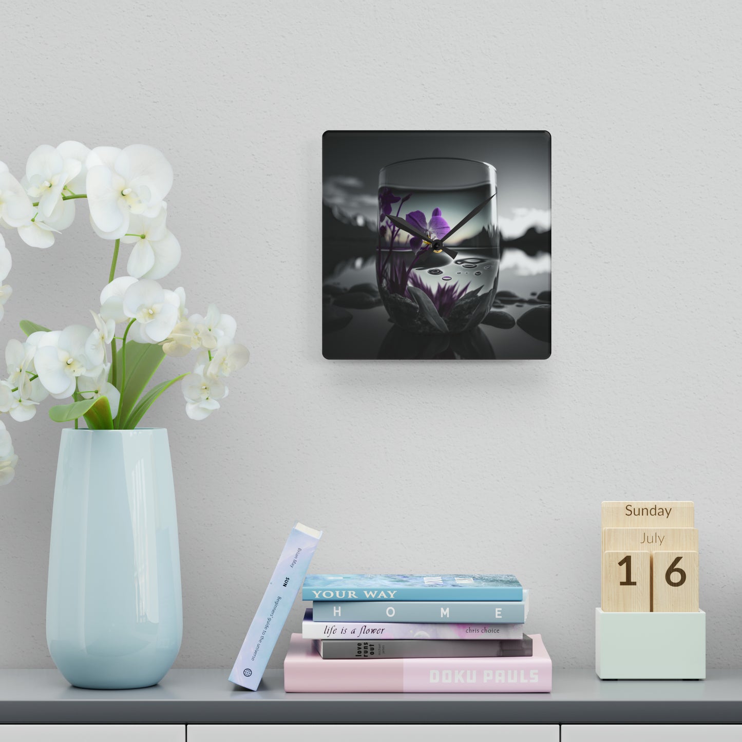 Acrylic Wall Clock Purple Orchid Glass vase 2