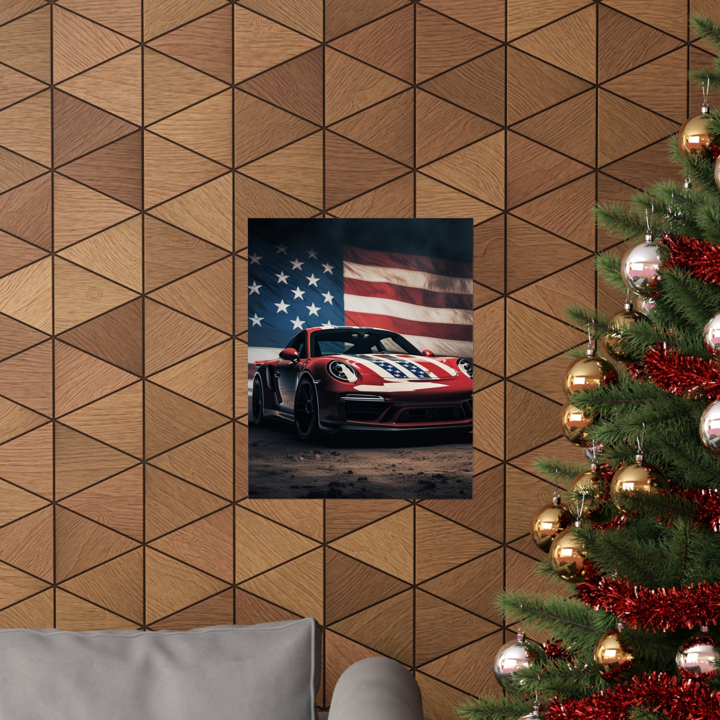 Premium Matte Vertical Posters American Flag Background Porsche 3