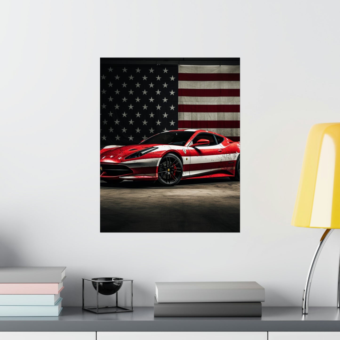 Premium Matte Vertical Posters American Flag Background Ferrari 1