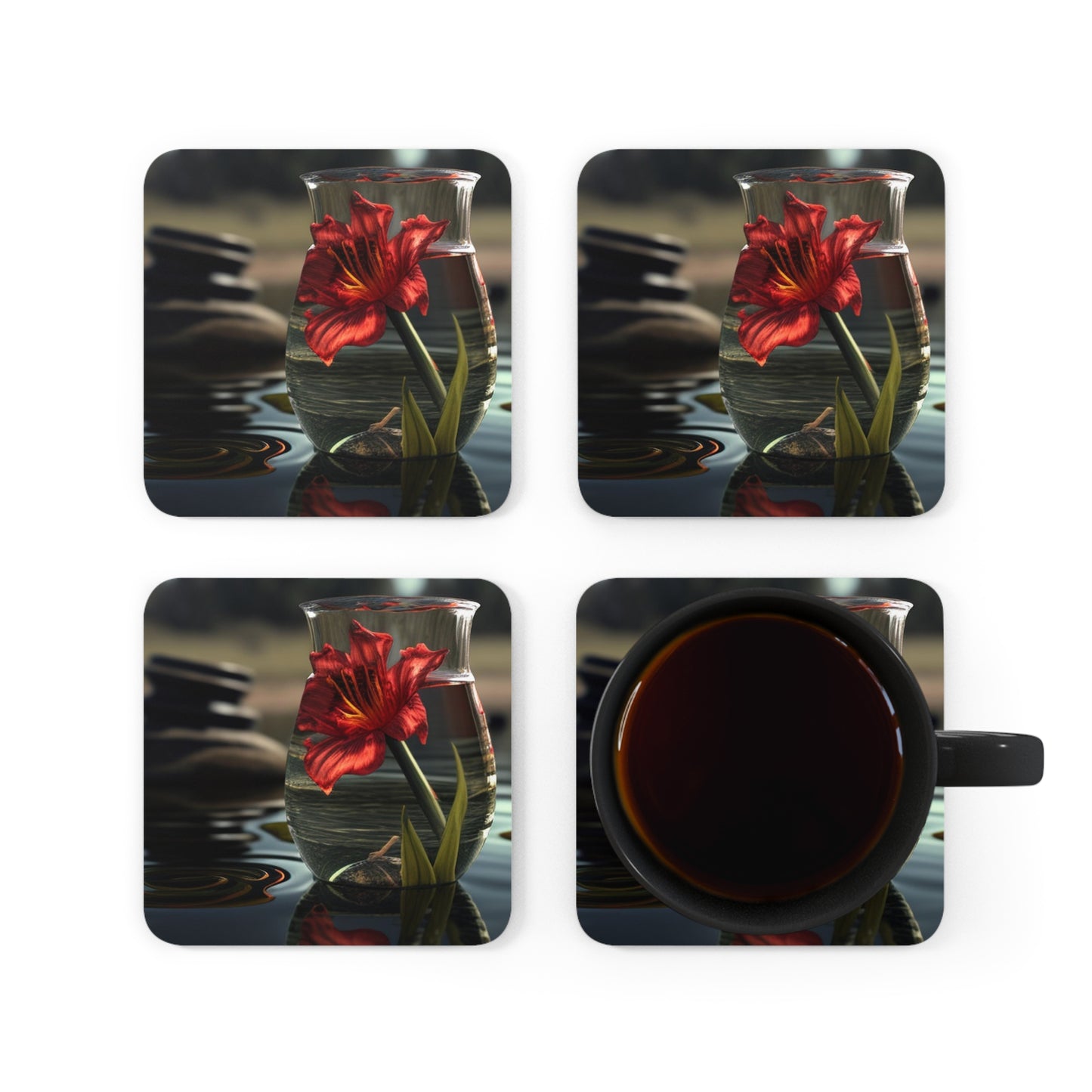 Corkwood Coaster Set Red Lily in a Glass vase 4