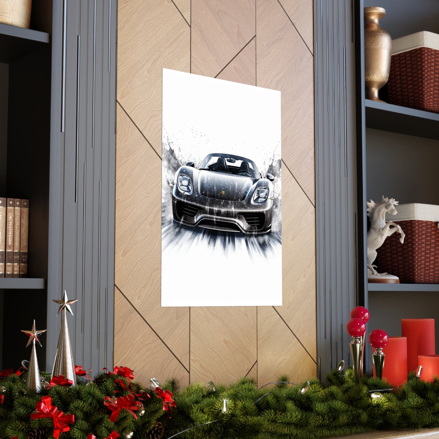 Premium Matte Vertical Posters 918 Spyder white background driving fast with water splashing 3