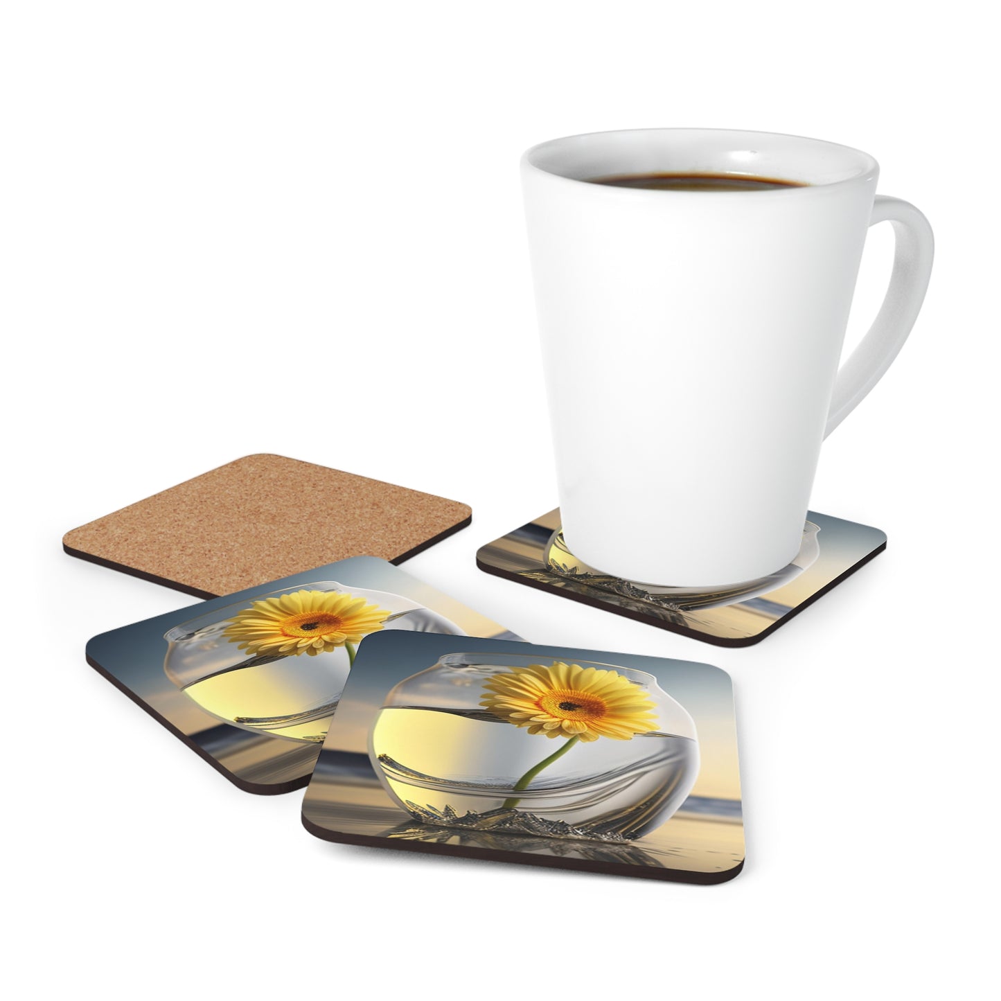 Corkwood Coaster Set yello Gerbera glass 1