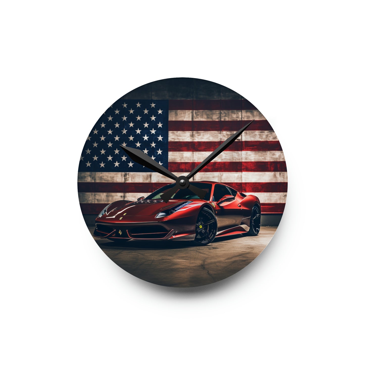 Acrylic Wall Clock American Flag Background Ferrari 4