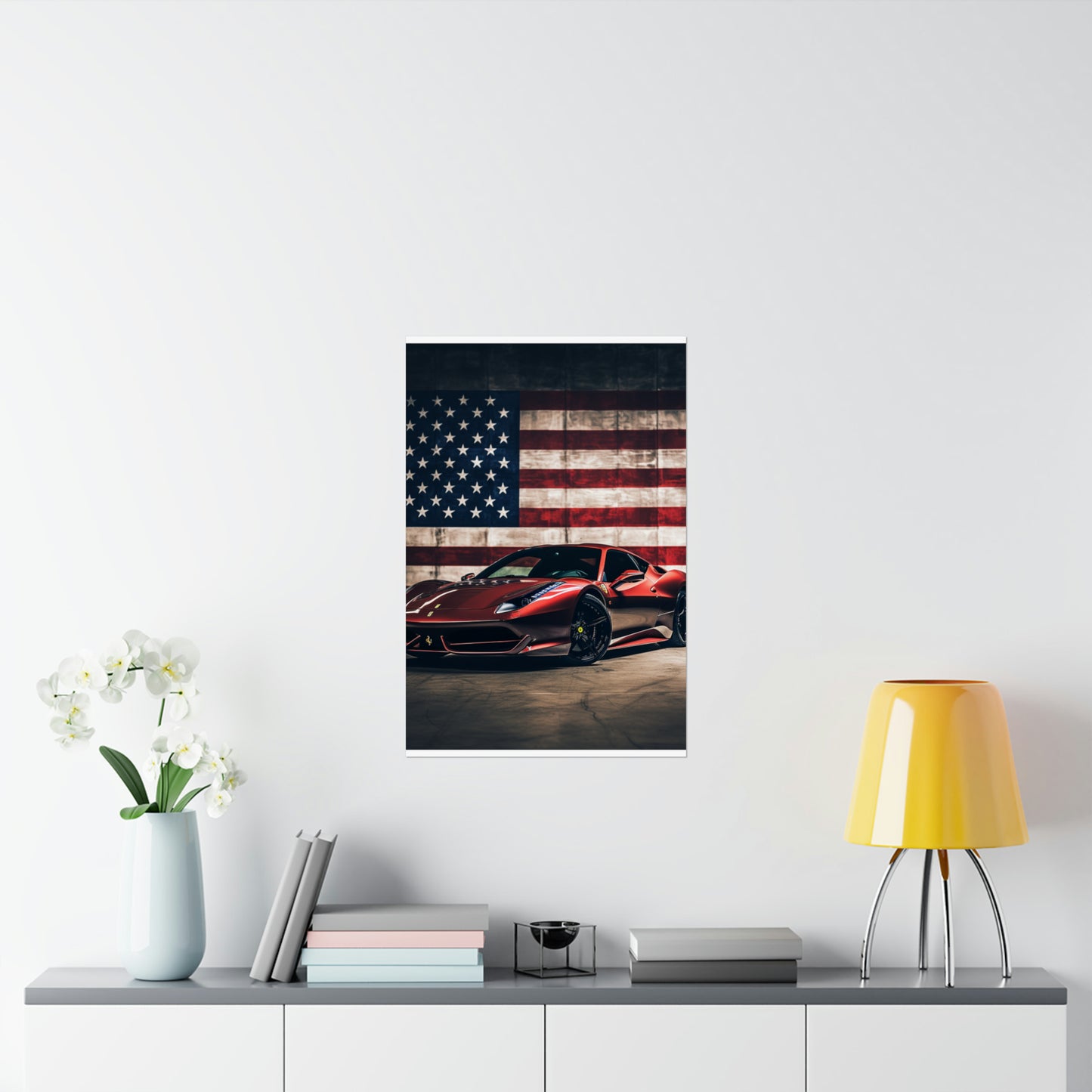 Premium Matte Vertical Posters American Flag Background Ferrari 4