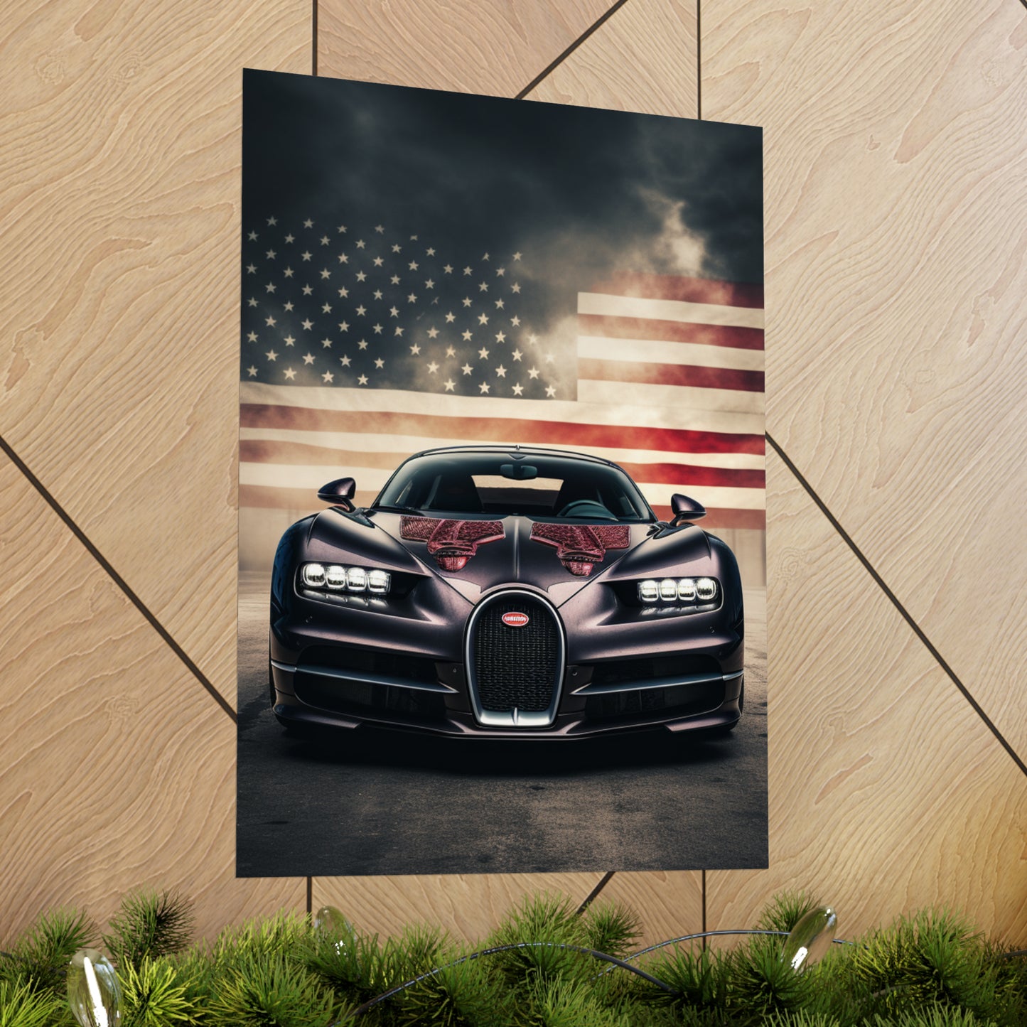 Premium Matte Vertical Posters American Flag Background Bugatti 2