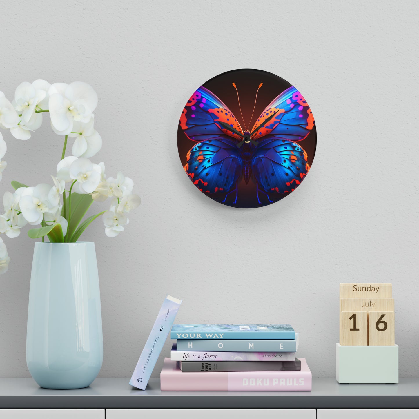 Acrylic Wall Clock Neon Butterfly Macro 3