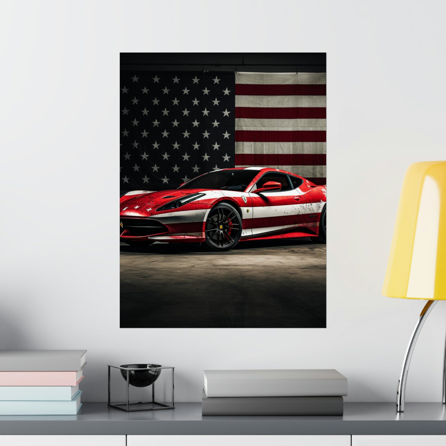 Premium Matte Vertical Posters American Flag Background Ferrari 1