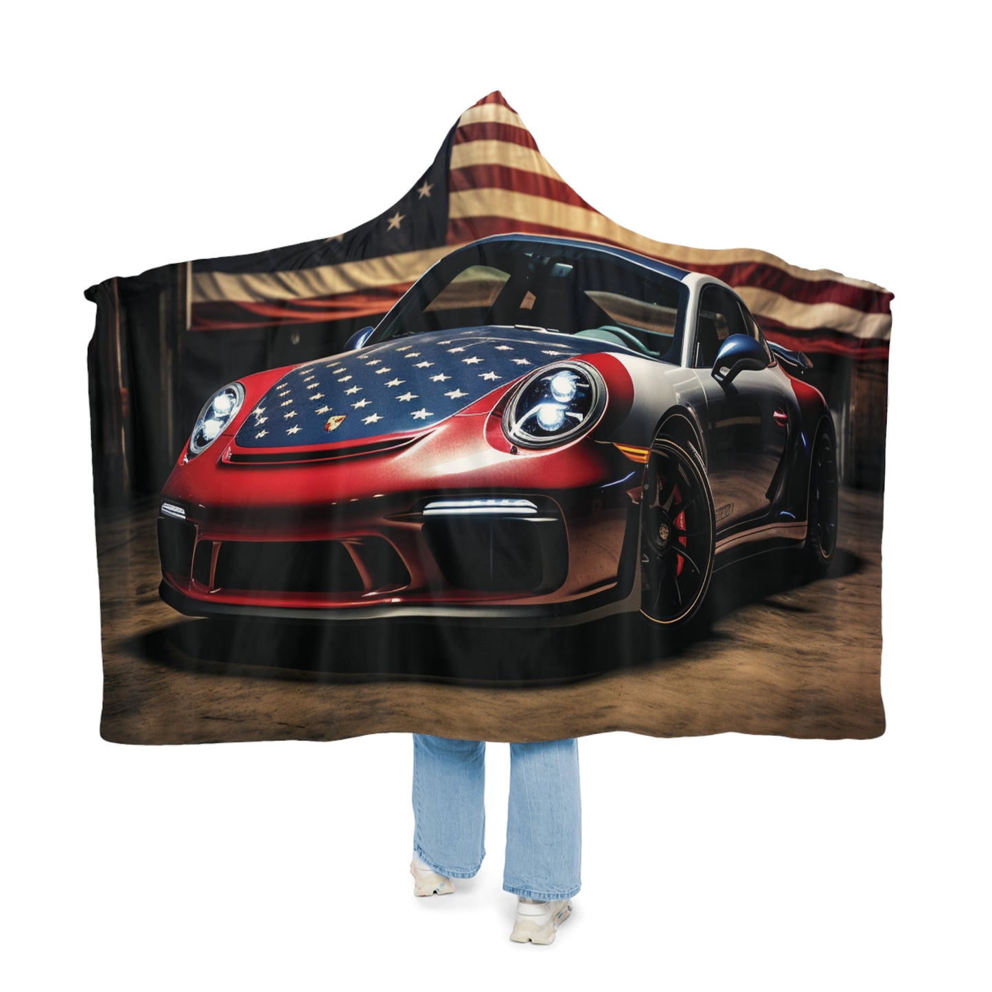 Snuggle Hooded Blanket American Flag Background Porsche 1