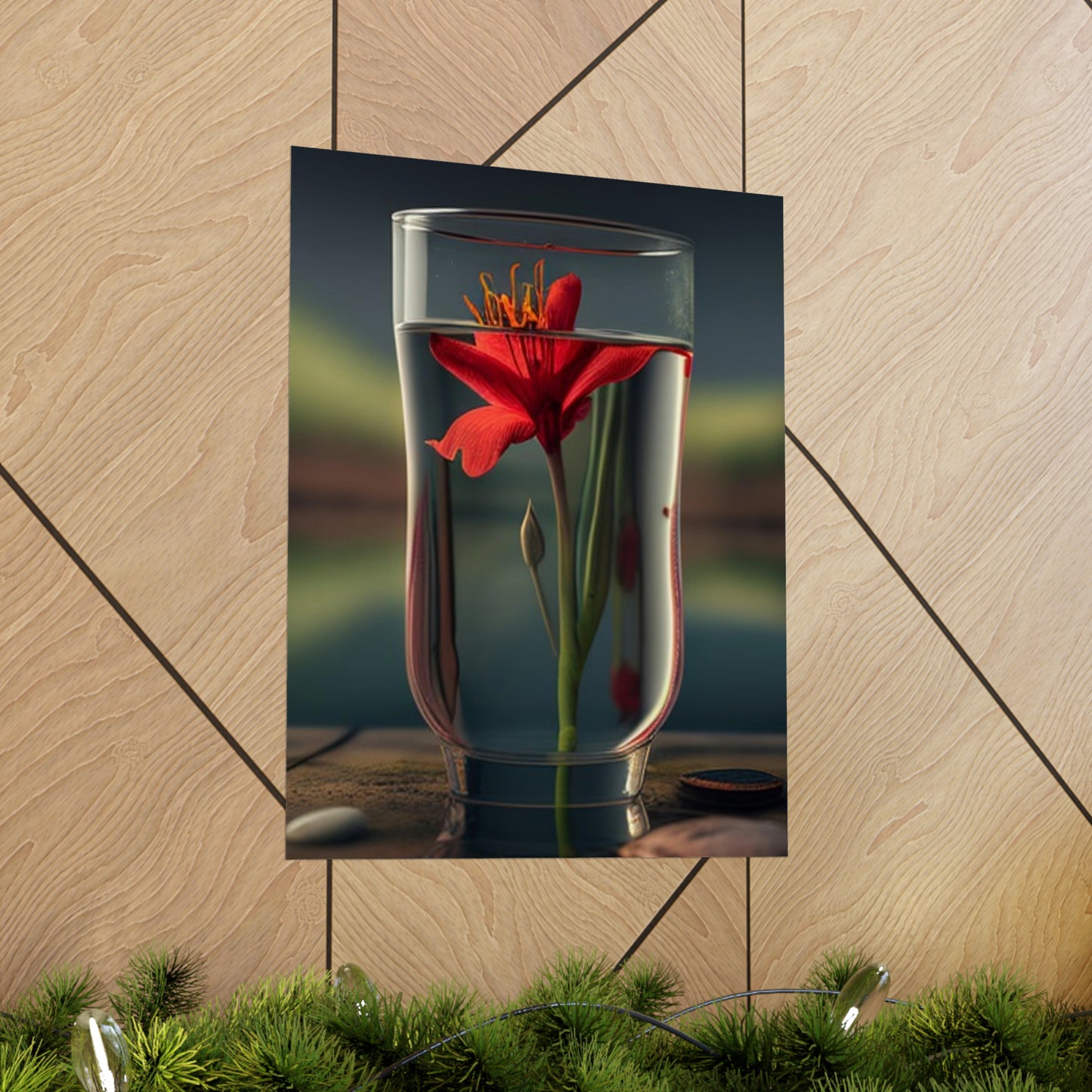 Premium Matte Vertical Posters Red Lily in a Glass vase 1