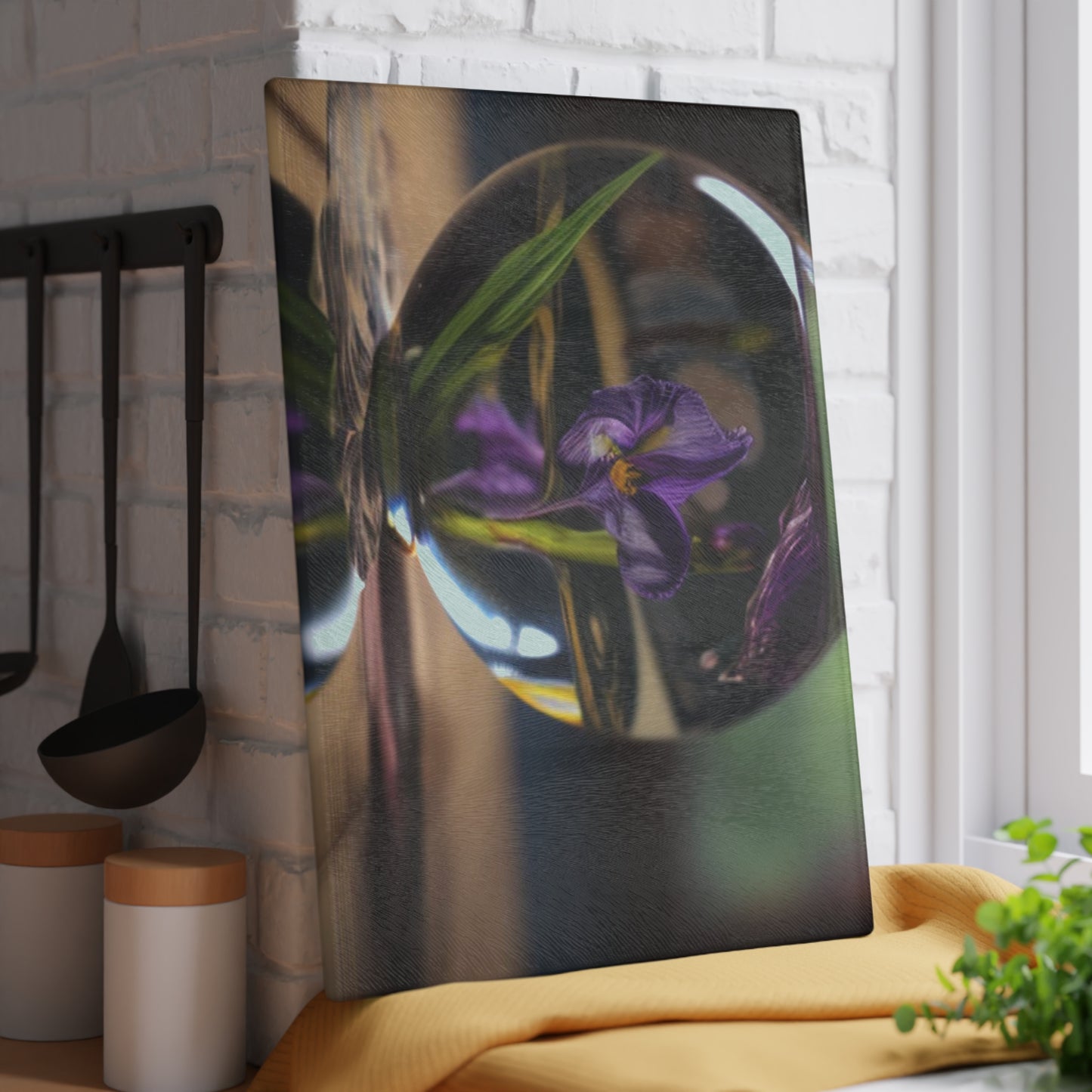 Glass Cutting Board Purple Iris in a vase 1