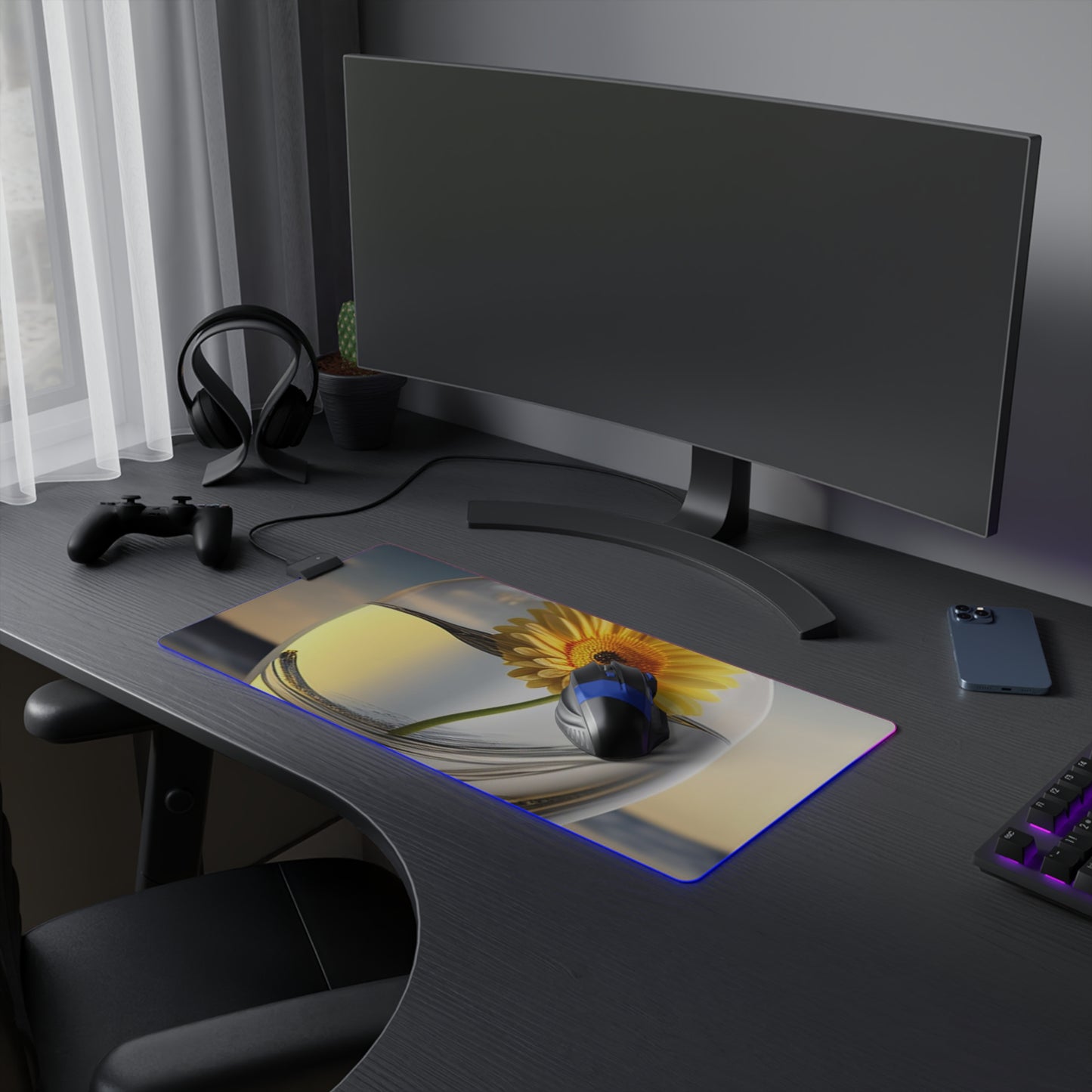 LED Gaming Mouse Pad yello Gerbera glass 1