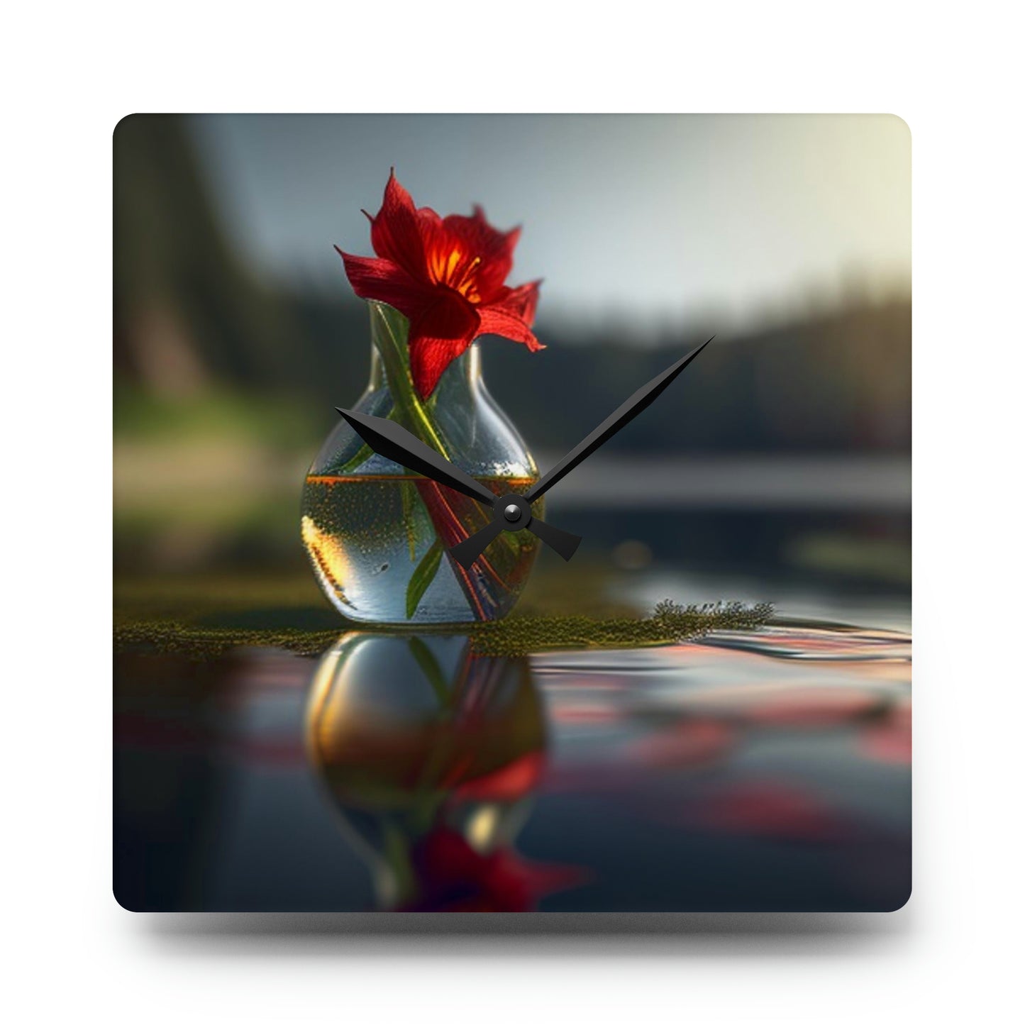 Acrylic Wall Clock Red Lily in a Glass vase 3