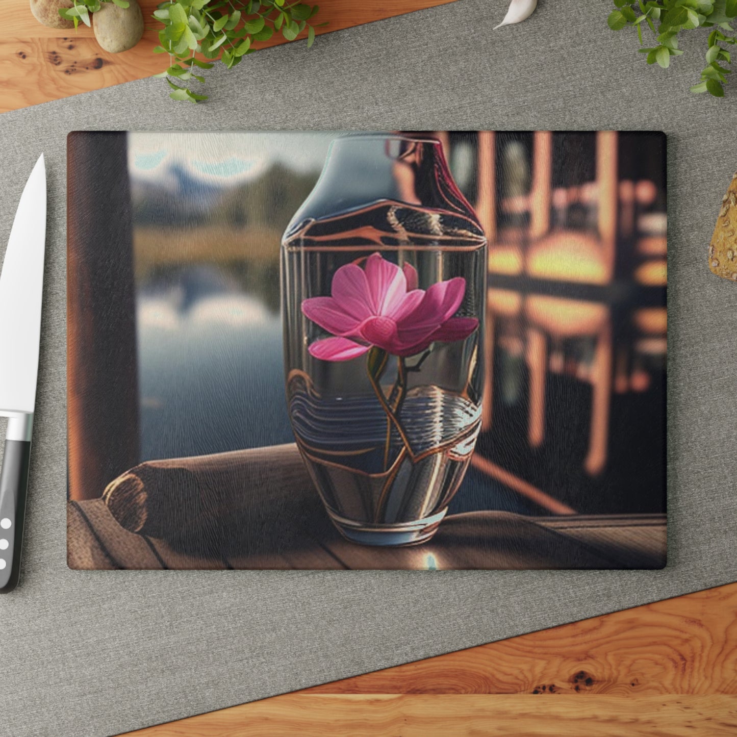 Glass Cutting Board Magnolia in a Glass vase 3