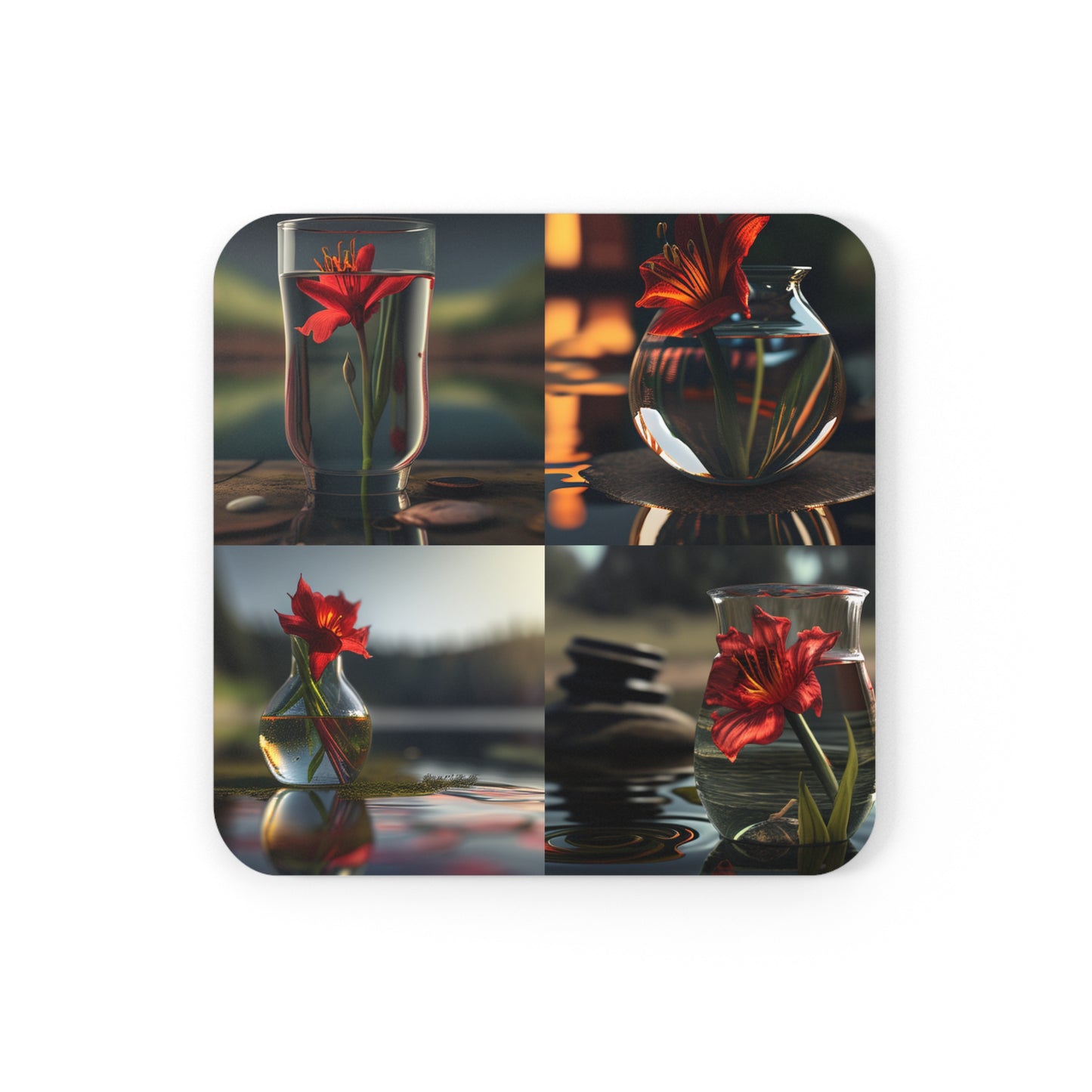 Corkwood Coaster Set Red Lily in a Glass vase 5