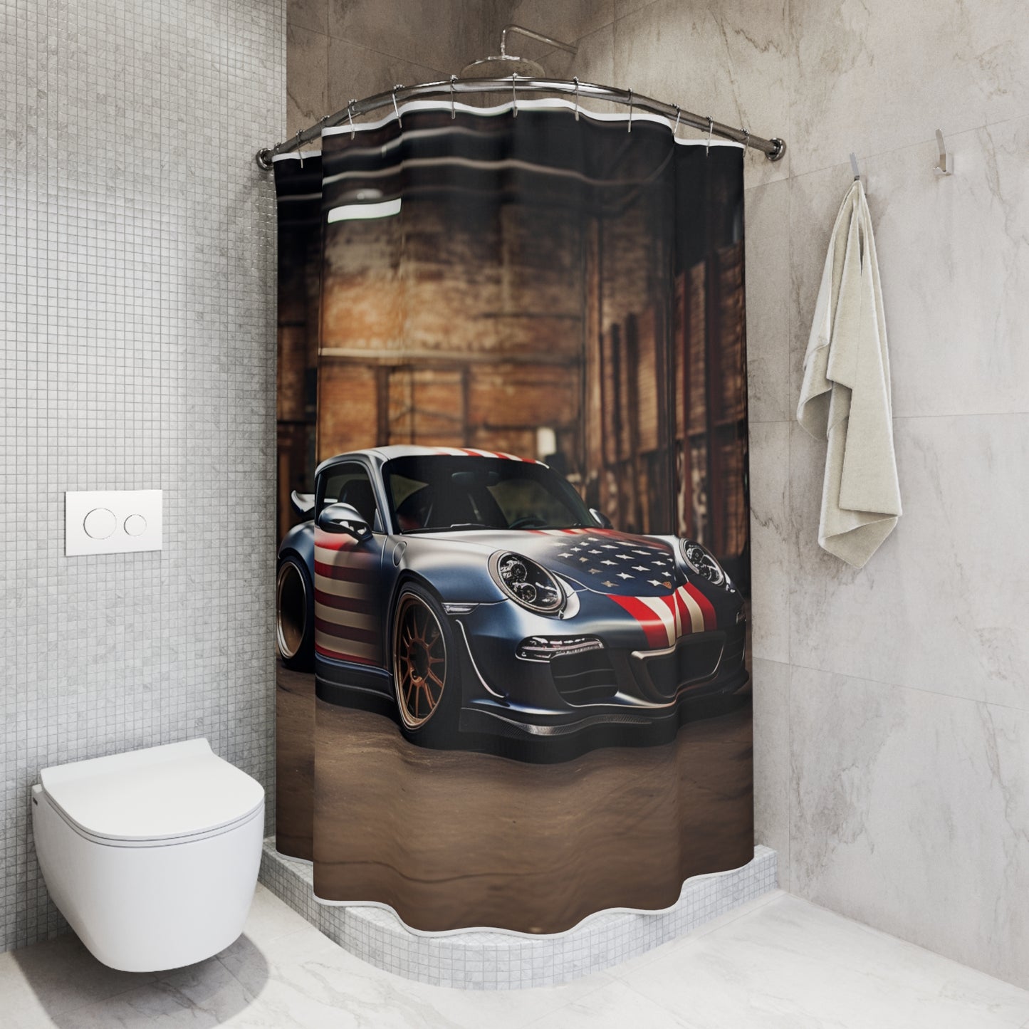 Polyester Shower Curtain American Flag Porsche 1