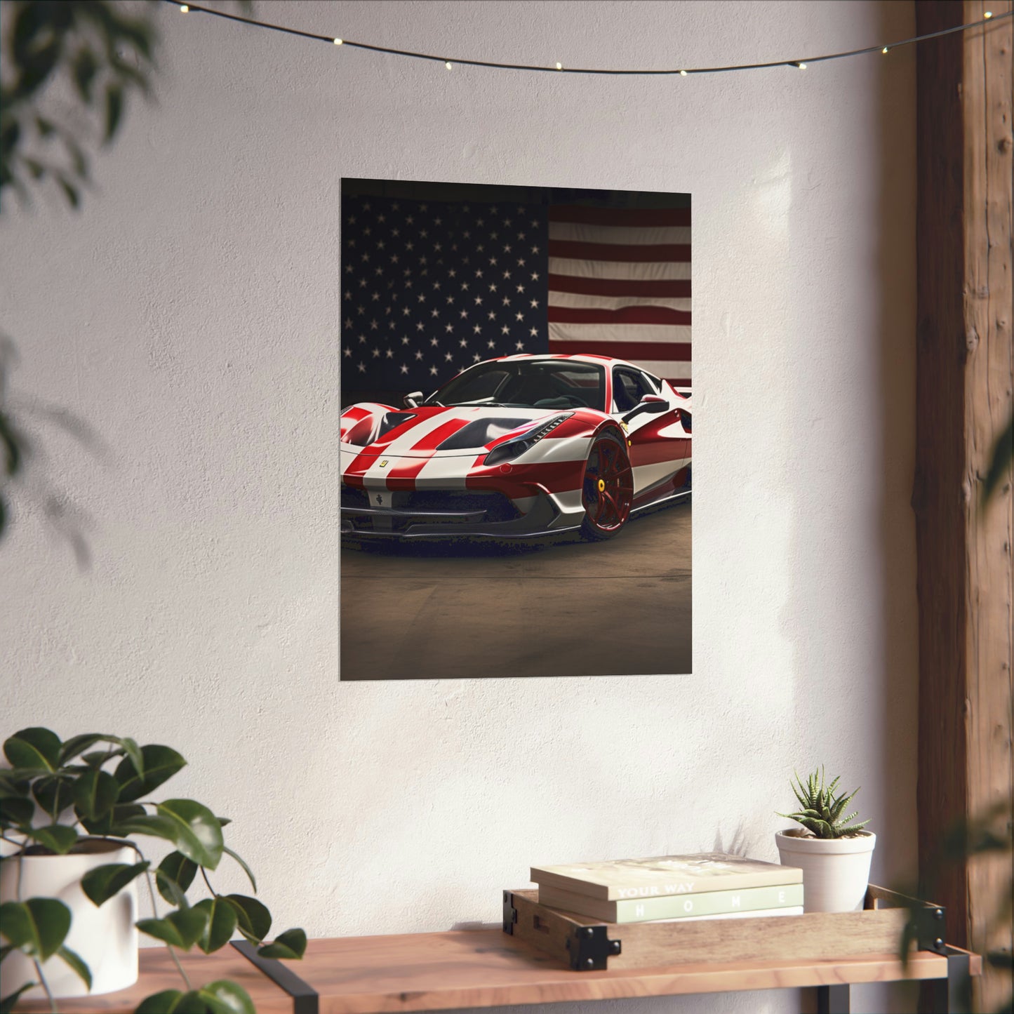 Premium Matte Vertical Posters American Flag Background Ferrari 2