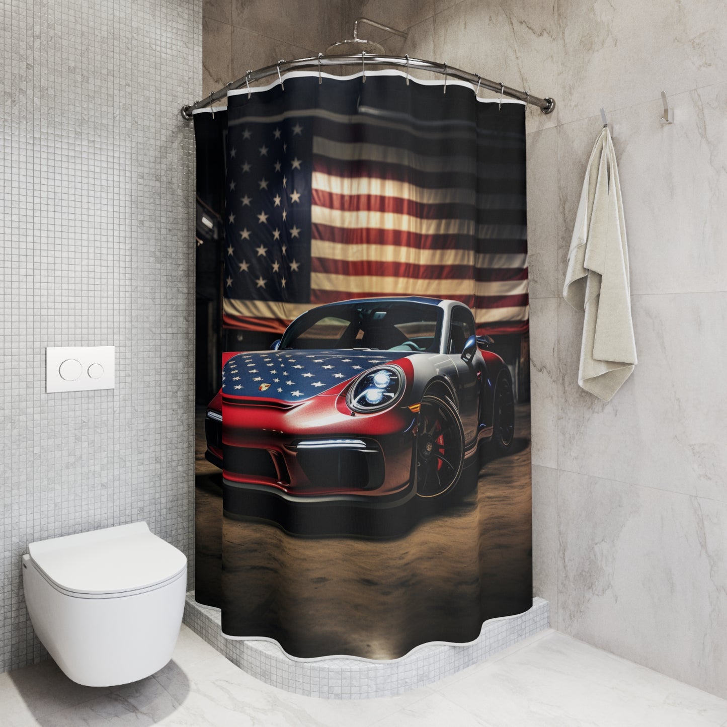 Polyester Shower Curtain American Flag Background Porsche 1