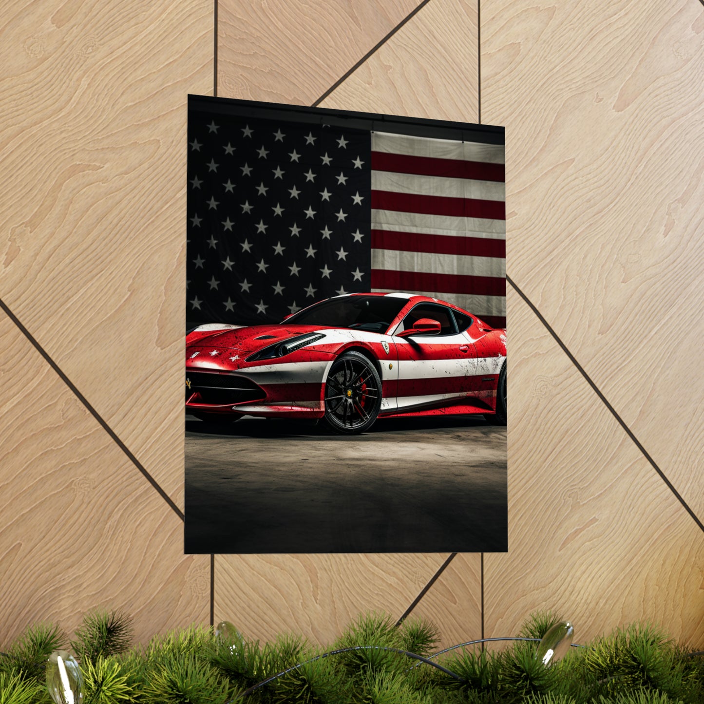 Premium Matte Vertical Posters American Flag Background Ferrari 1