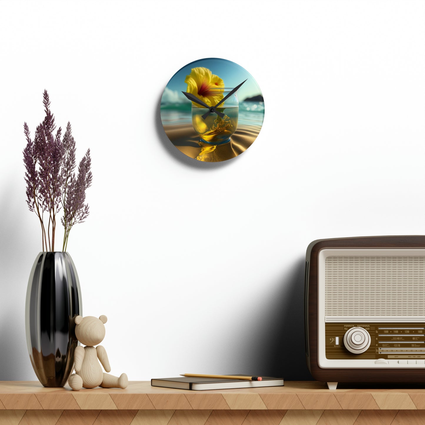 Acrylic Wall Clock Yellow Hibiscus glass 1